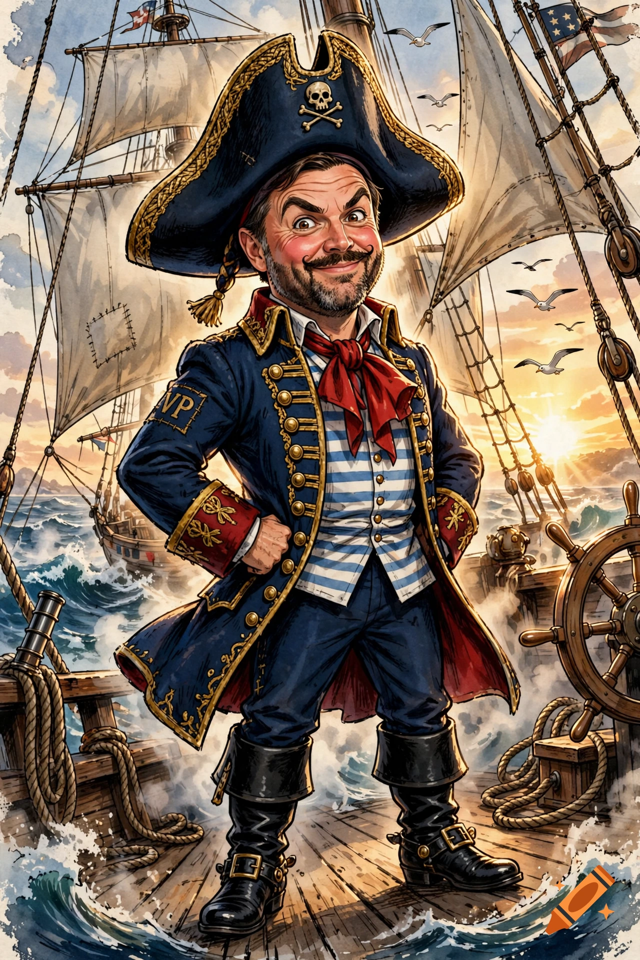 Caricature of a politician styled as a classic cartoon pirate standing on a ship deck, watercolor illustration.