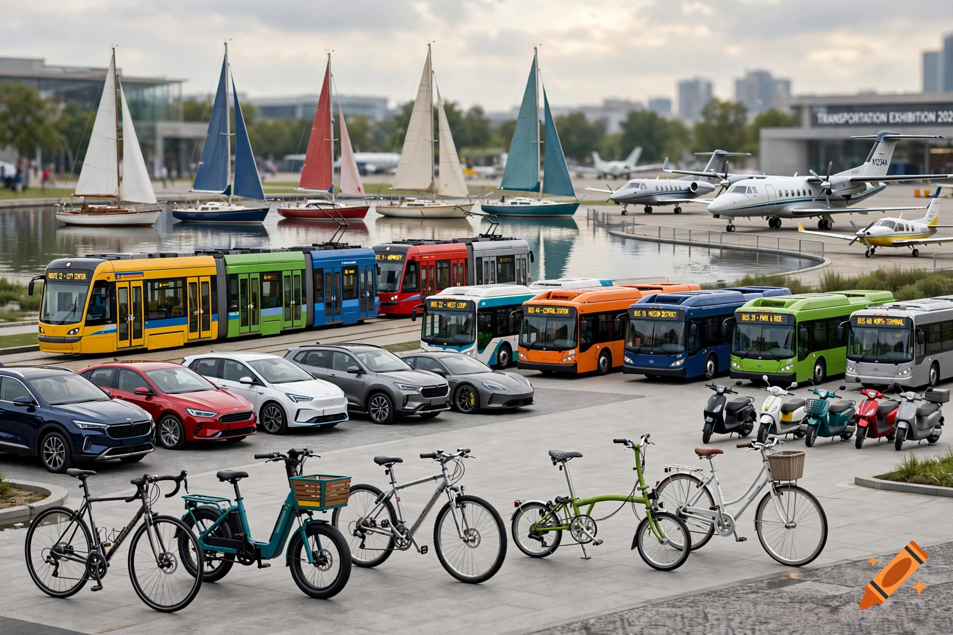 An outdoor display showcasing various modes of transport including bicycles, scooters, cars, buses, trams, sailboats, and airplanes.