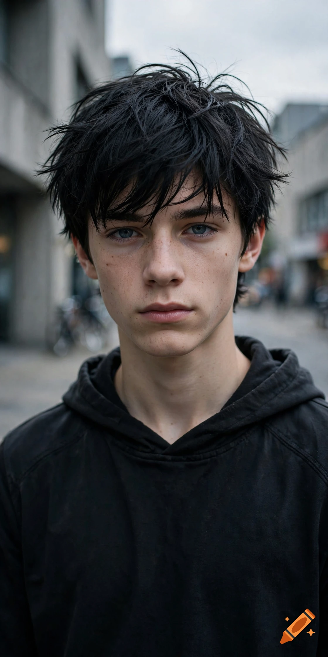 Photorealistic close-up portrait of a 17-year-old boy with messy black hair, blue-grey eyes, and freckles, wearing a black hoodie.