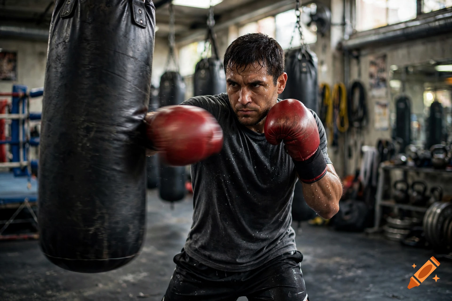 A sweaty male boxer throwing a punch at a heavy punching bag in a gritty gym.