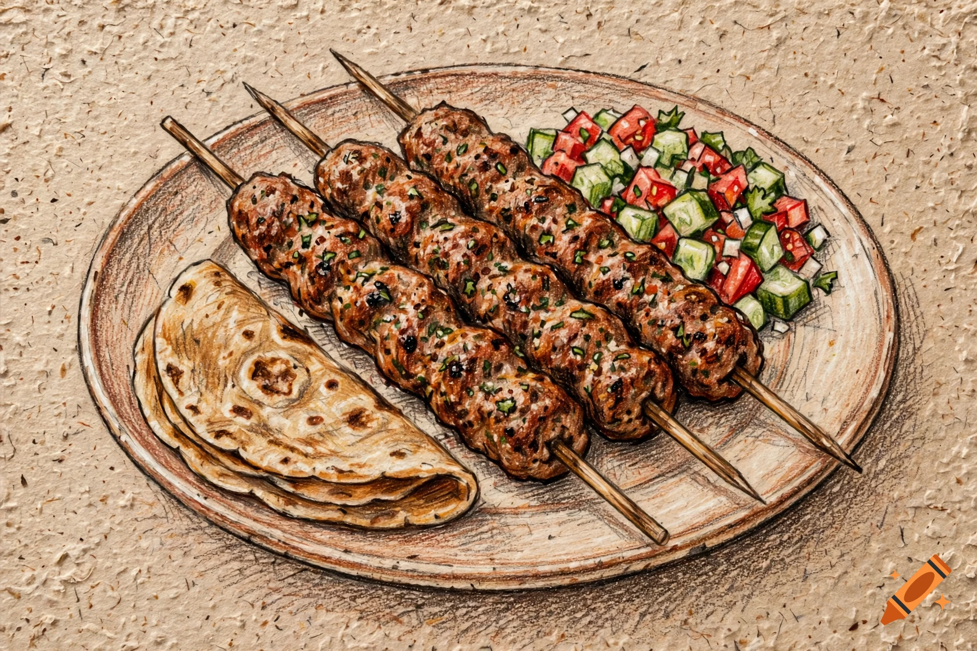 Colored pencil illustration of seekh kebab skewers, a salad, and folded roti on a plate over textured paper.