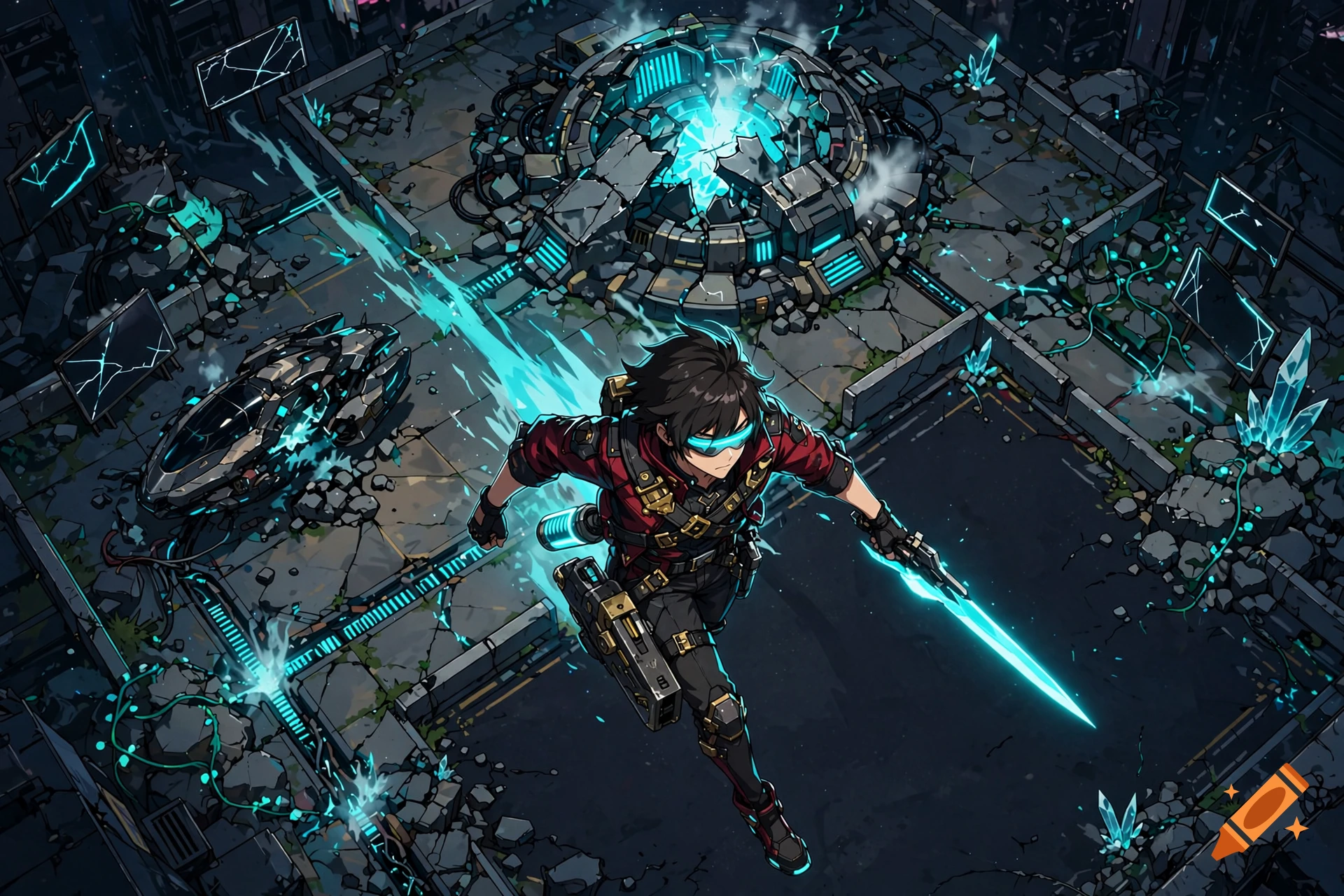 Top-down anime style digital art of a young courier-fighter running through a ruined futuristic city plaza at night, holding a glowing cyan energy blade.