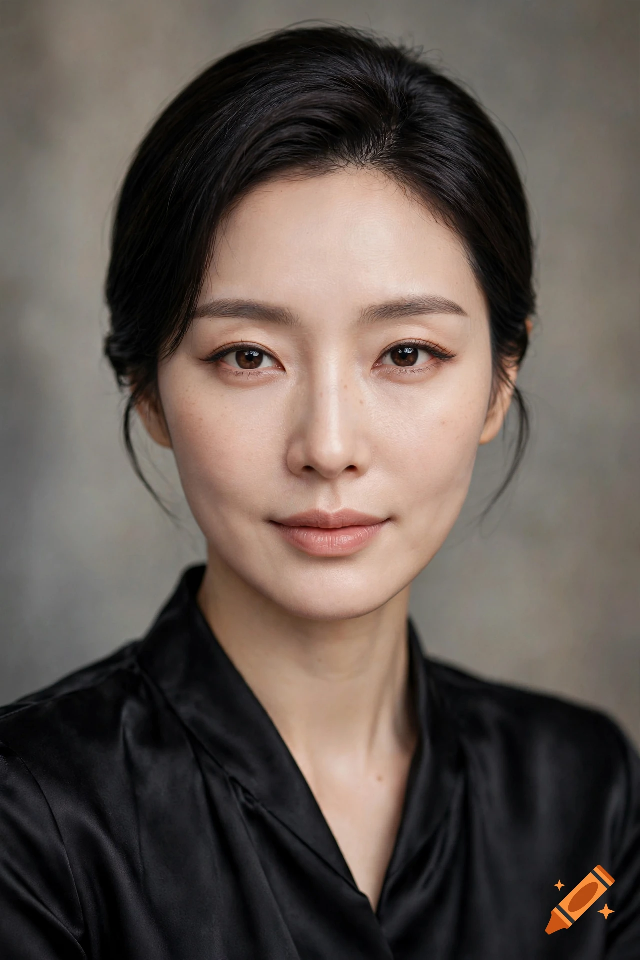 Photorealistic close-up portrait of an East Asian woman with dark hair tied back, wearing a black satin top.