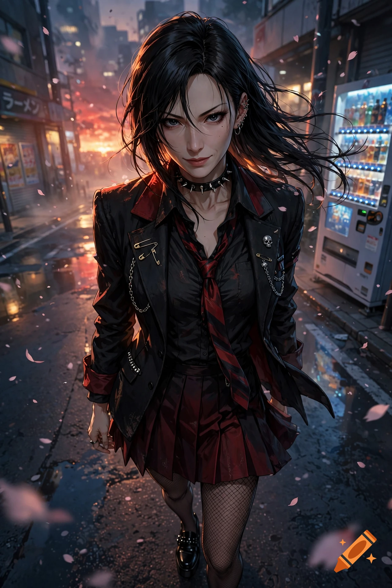 An anime-style digital illustration of a rebellious young woman with black hair in a Japanese street at dusk.