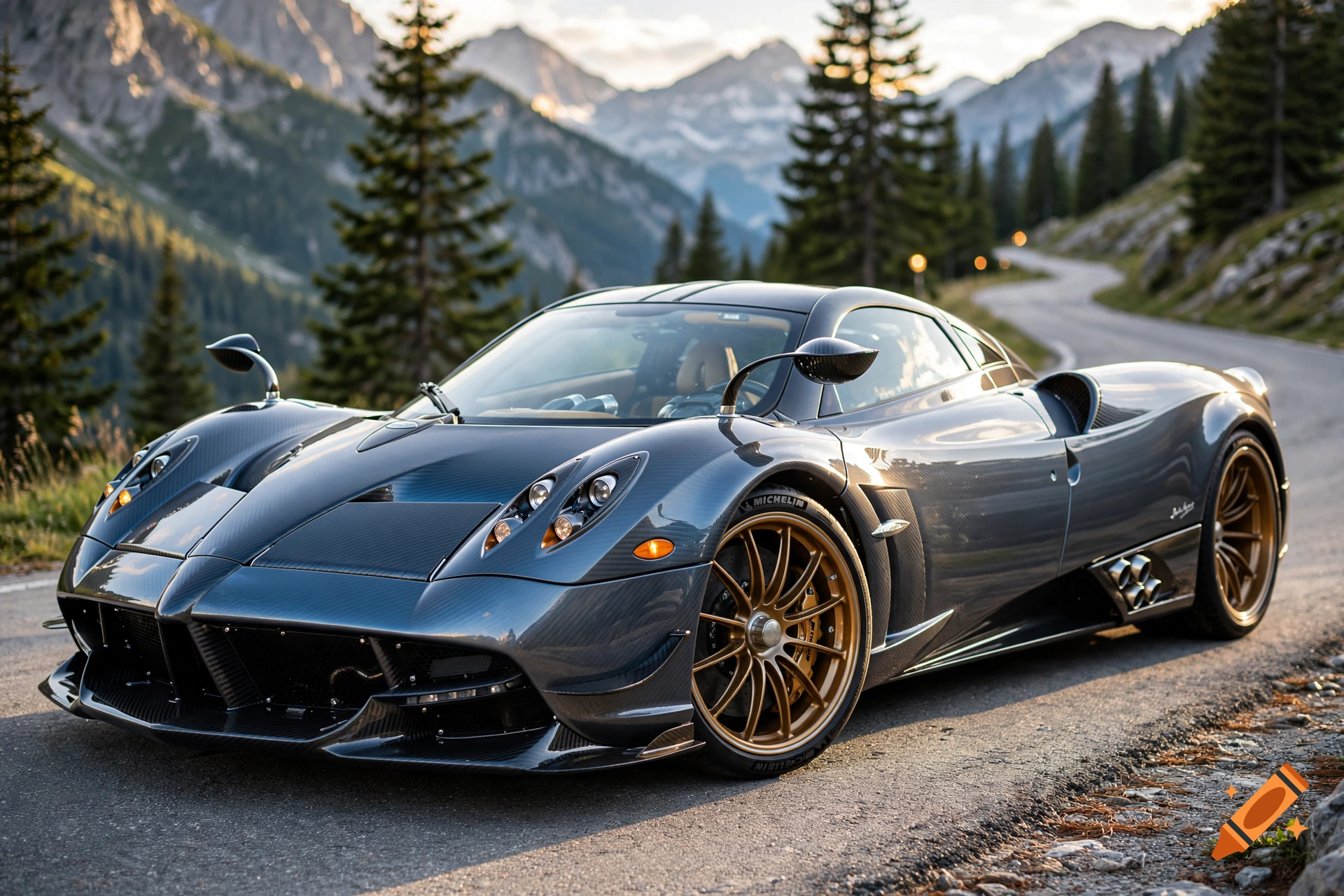 Photorealistic shot of a grey Pagani supercar parked on a winding mountain road during sunset.
