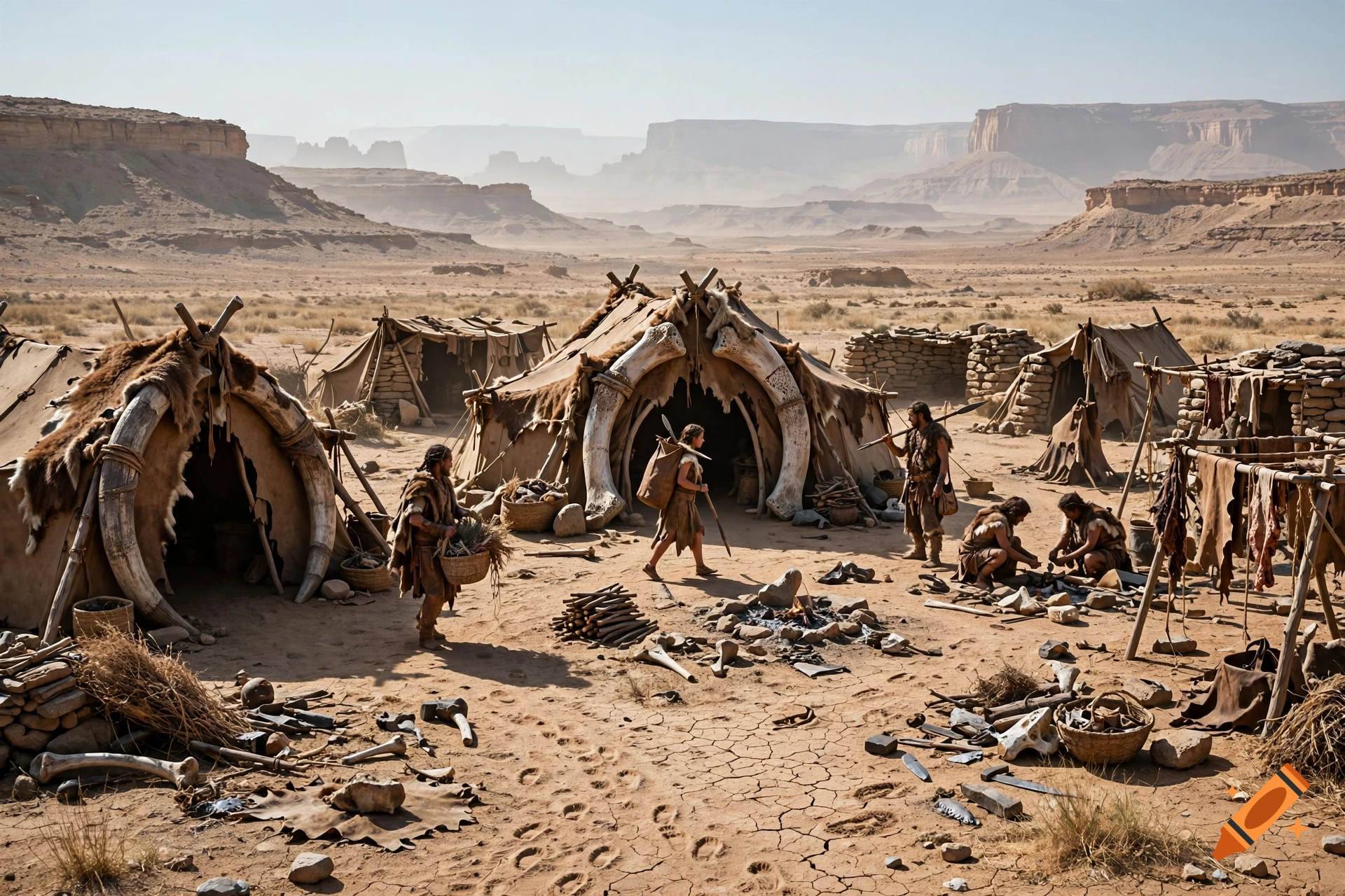 A prehistoric village scene in a desert valley featuring dwellings made of hides and mammoth bones, with people working and tools scattered on the ground.