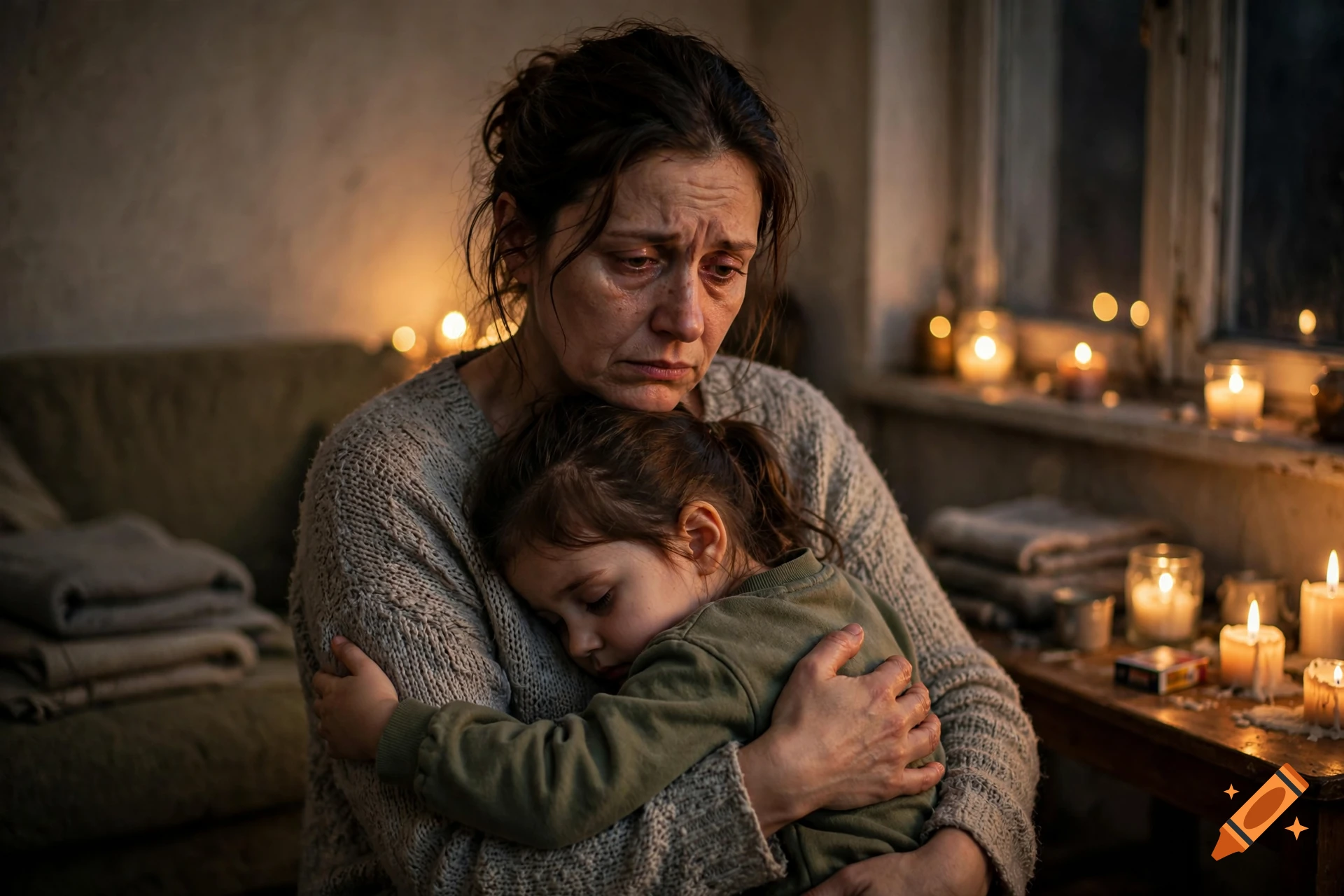 A sad mother holding and comforting her young daughter in a dim room lit by candles.