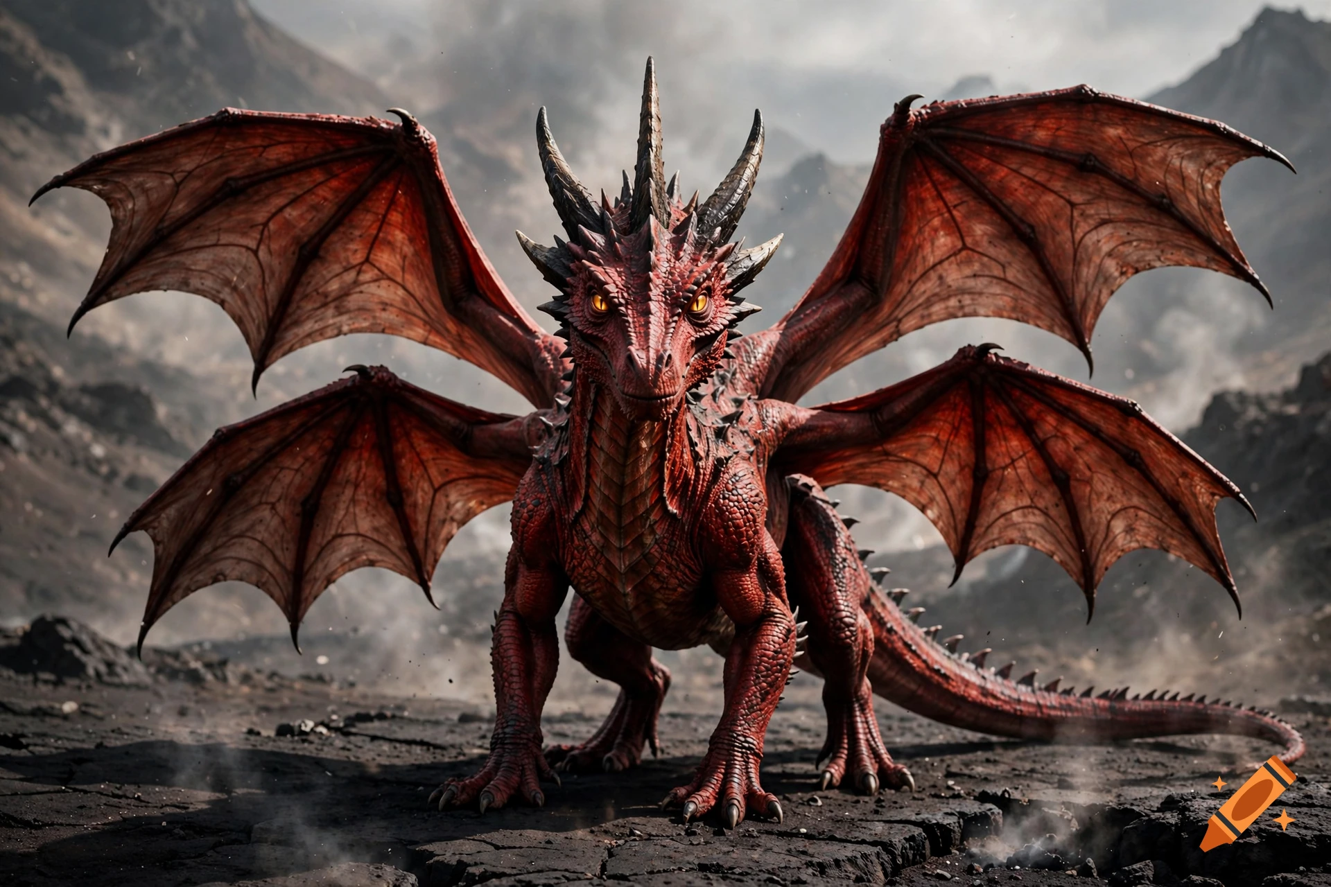Photorealistic red dragon with four wings, four legs, and three horns, standing on rocky terrain.