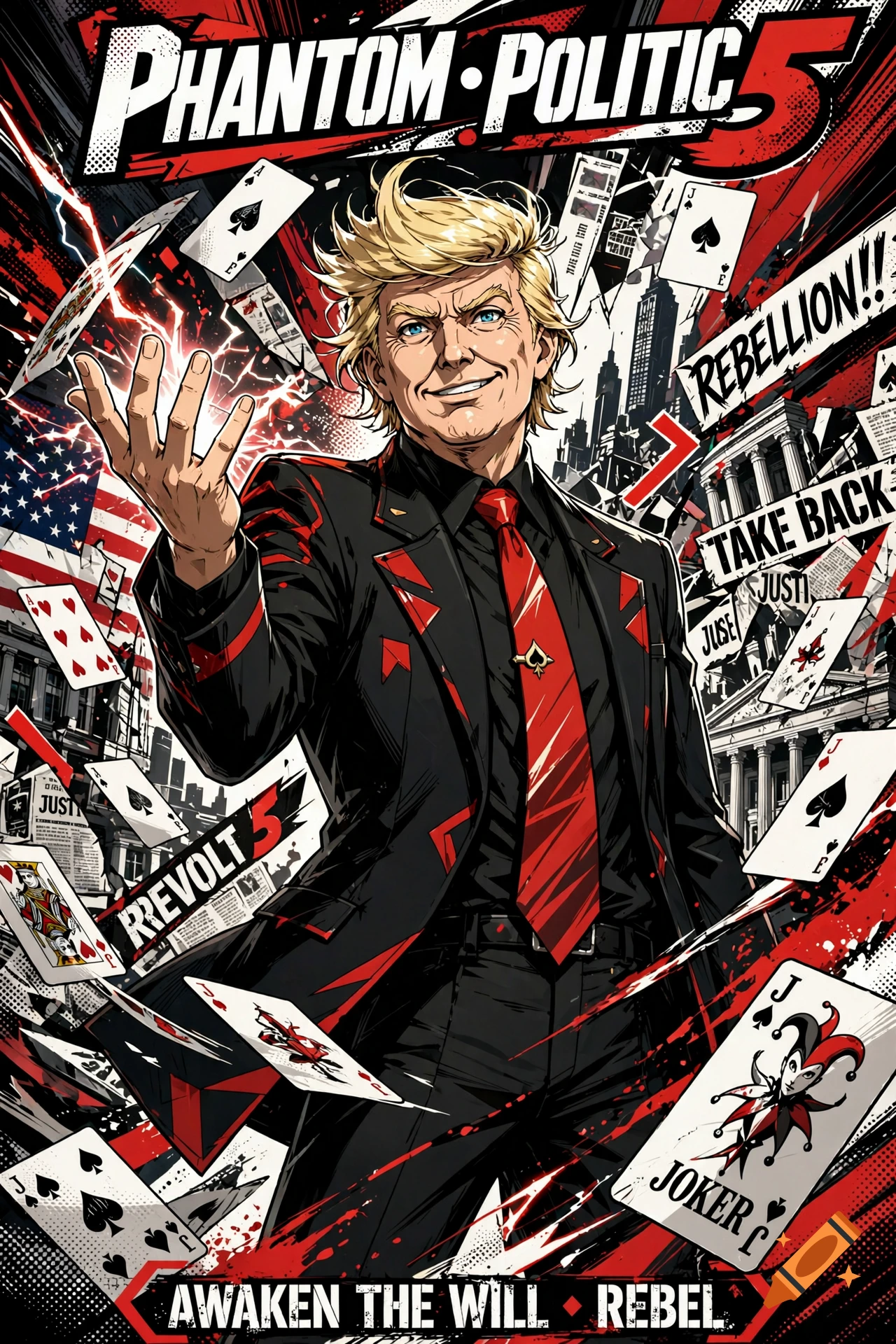 An anime-style illustration of Donald Trump in a black suit with a red tie, surrounded by flying playing cards and dynamic red energy.