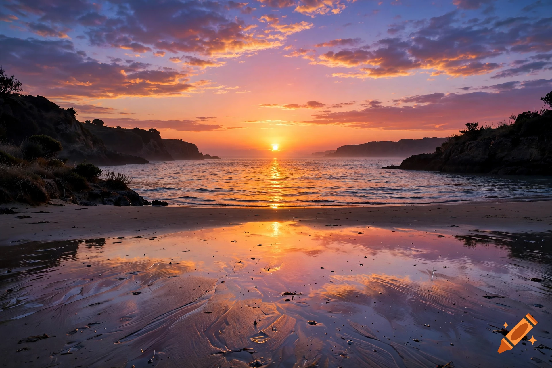 Photorealistic sunset over a calm coastal beach with reflective wet sand and distant rocky cliffs.
