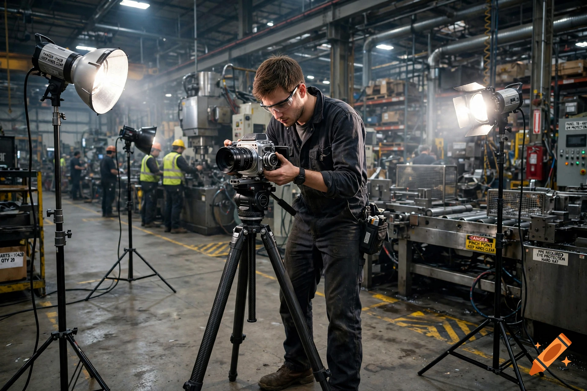 Photographer using a medium format camera on a tripod in a busy industrial factory floor with studio lighting.