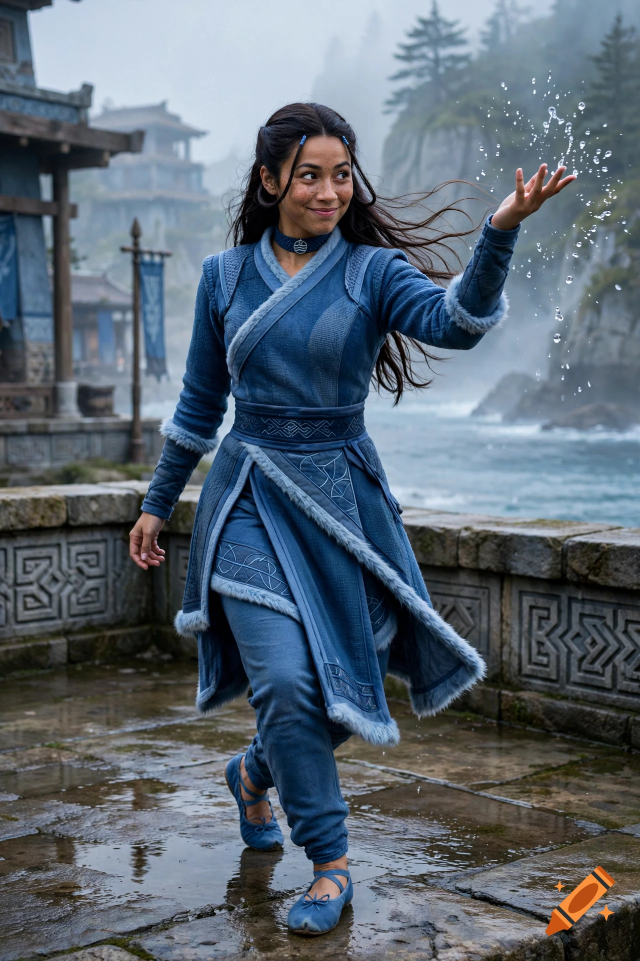 Photorealistic live-action depiction of a woman bending water with her hand, wearing blue traditional garb near a river and traditional buildings.