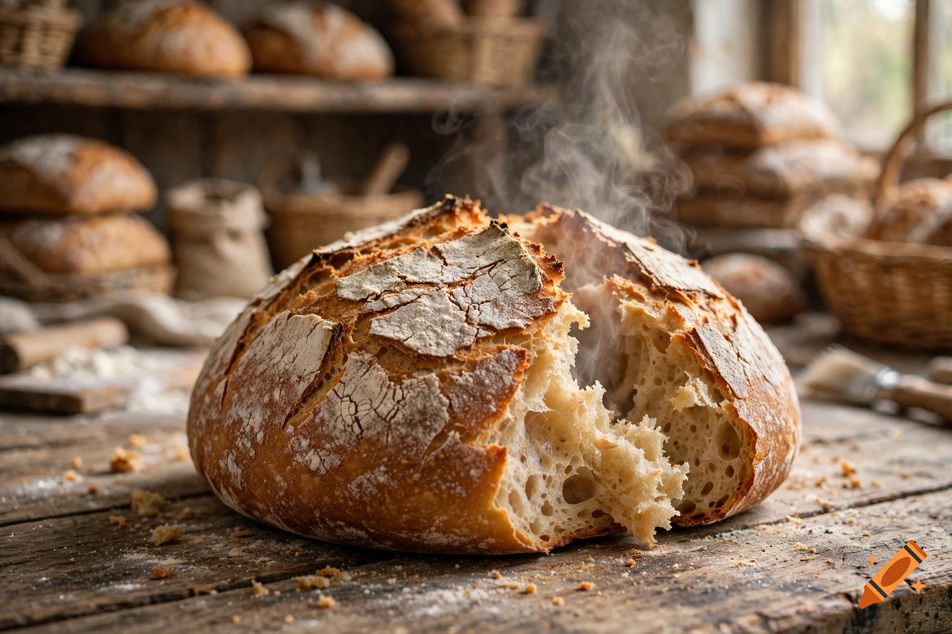 Photorealistic image of a freshly baked, crusty loaf of bread broken open with steam rising on a rustic wooden table in a bakery.