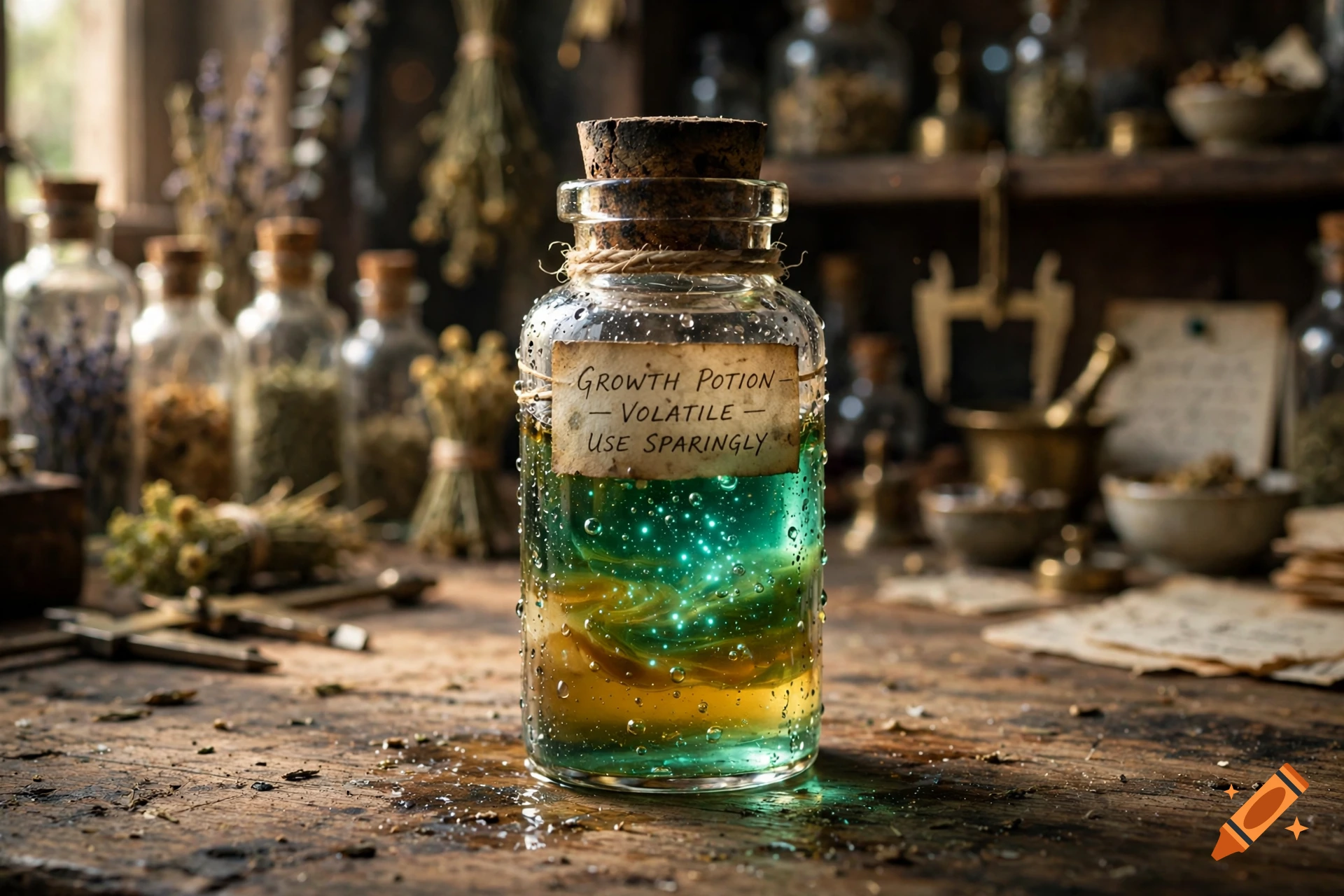 A glass bottle filled with glowing green and yellow liquid and a hand-written label reading 'Growth Potion', sitting on a wooden table.