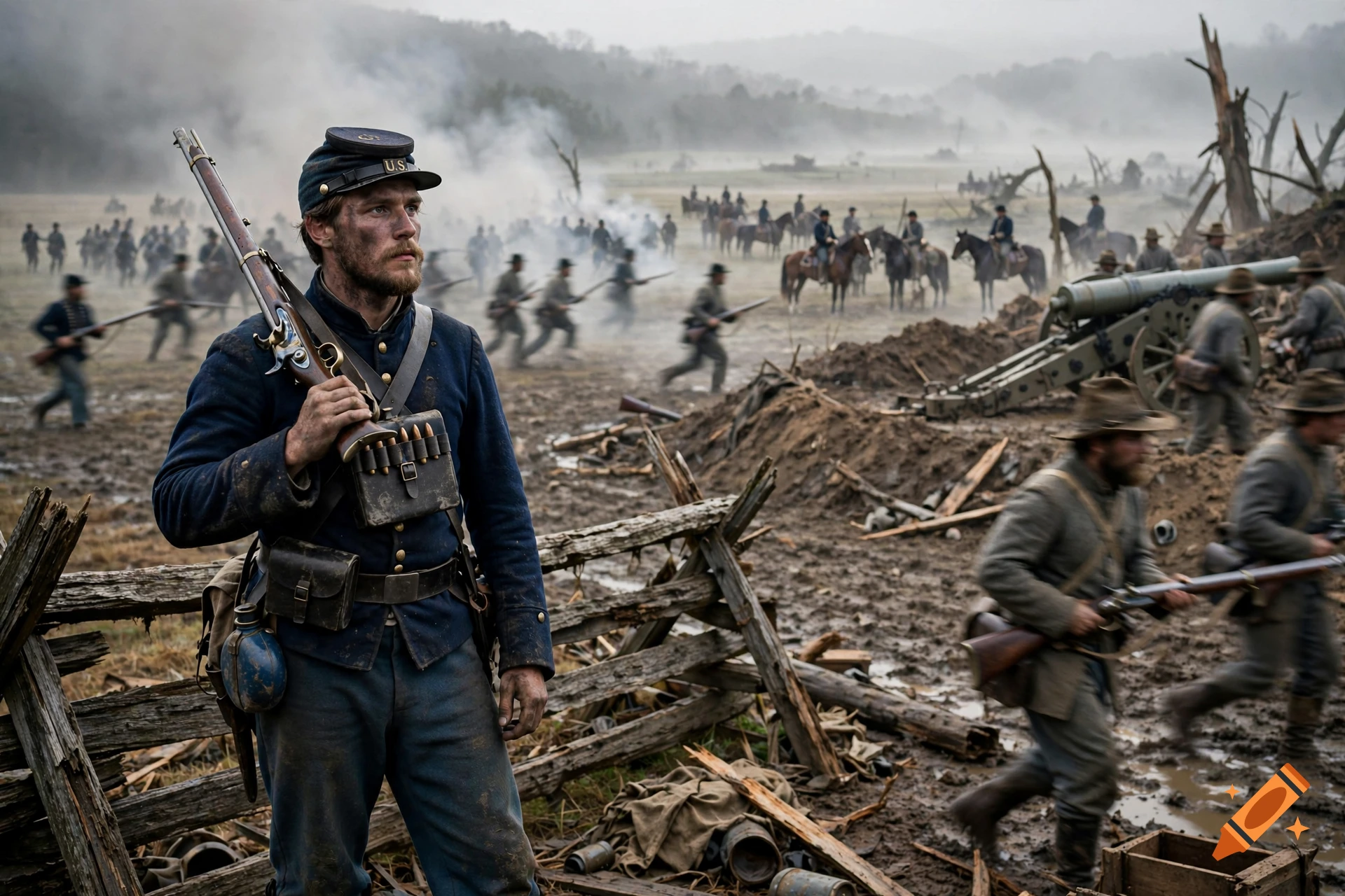 Photorealistic scene of a Civil War soldier holding a rifle in the foreground, with troops, canons, and smoke in a muddy battlefield setting.