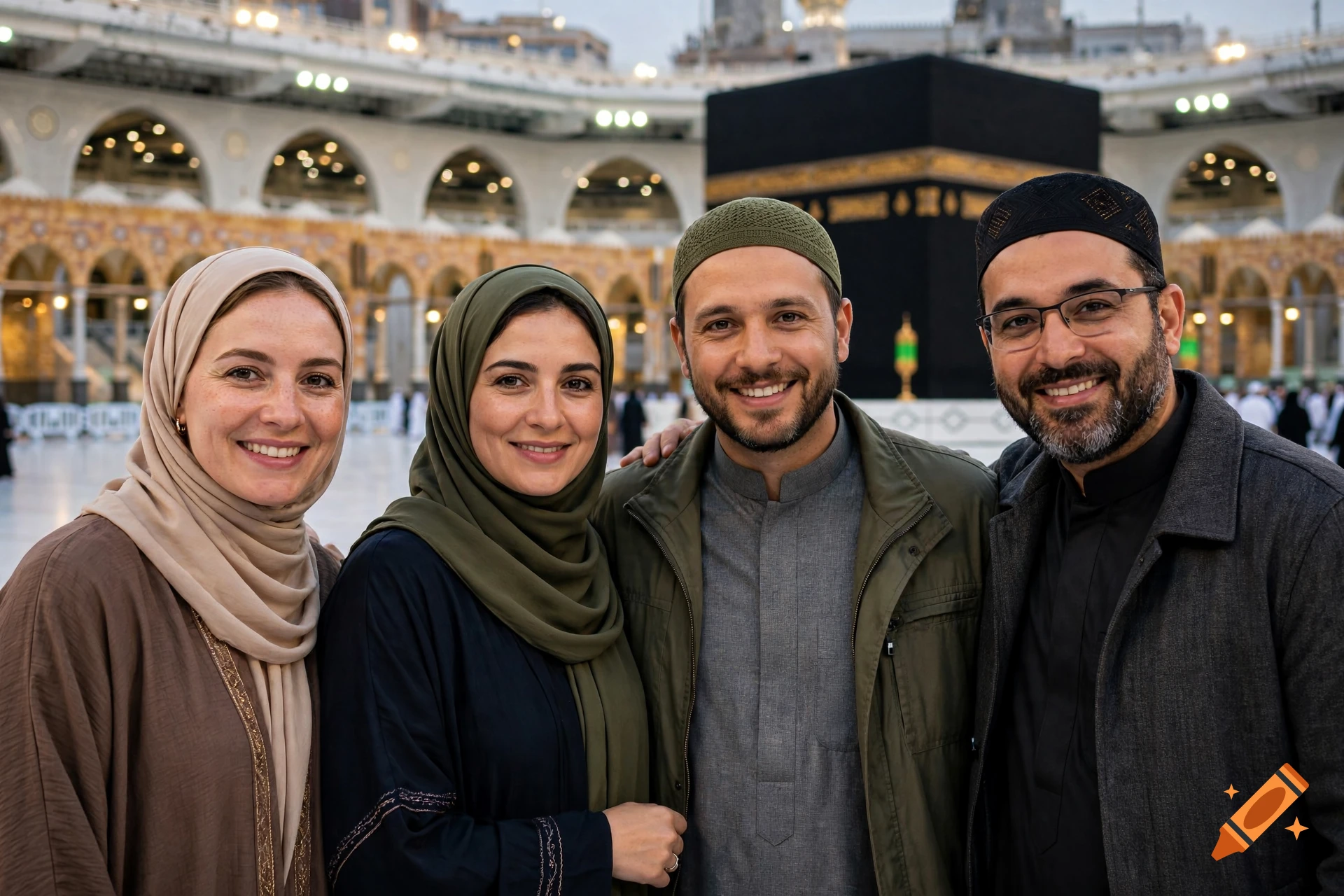 Photorealistic group portrait of four smiling people standing in front of the Kaaba in Mecca.