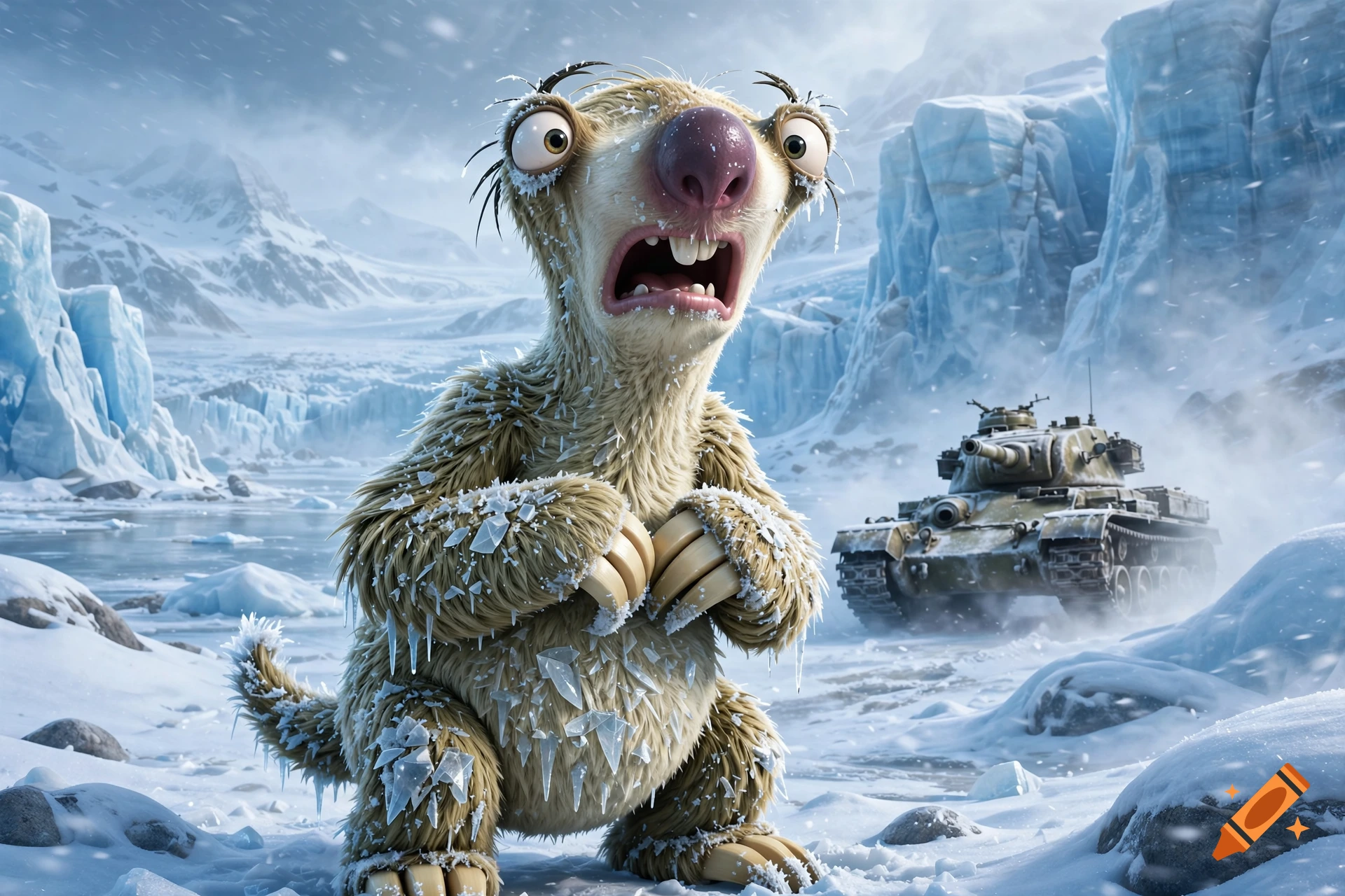 3D animated sloth character with ice covering its fur standing in a snowy landscape with a military tank in the background.