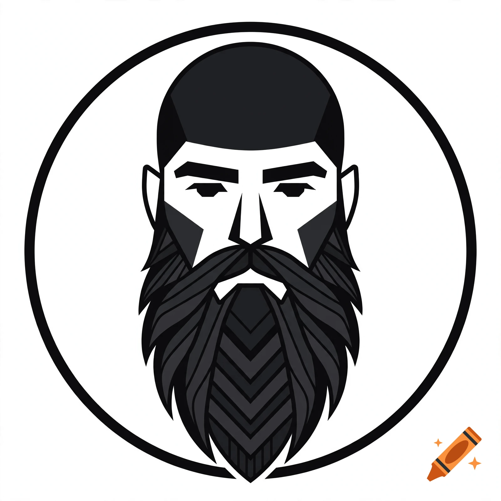 Monochrome vector logo of a man with a shaved head and a long stylized beard inside a circle.
