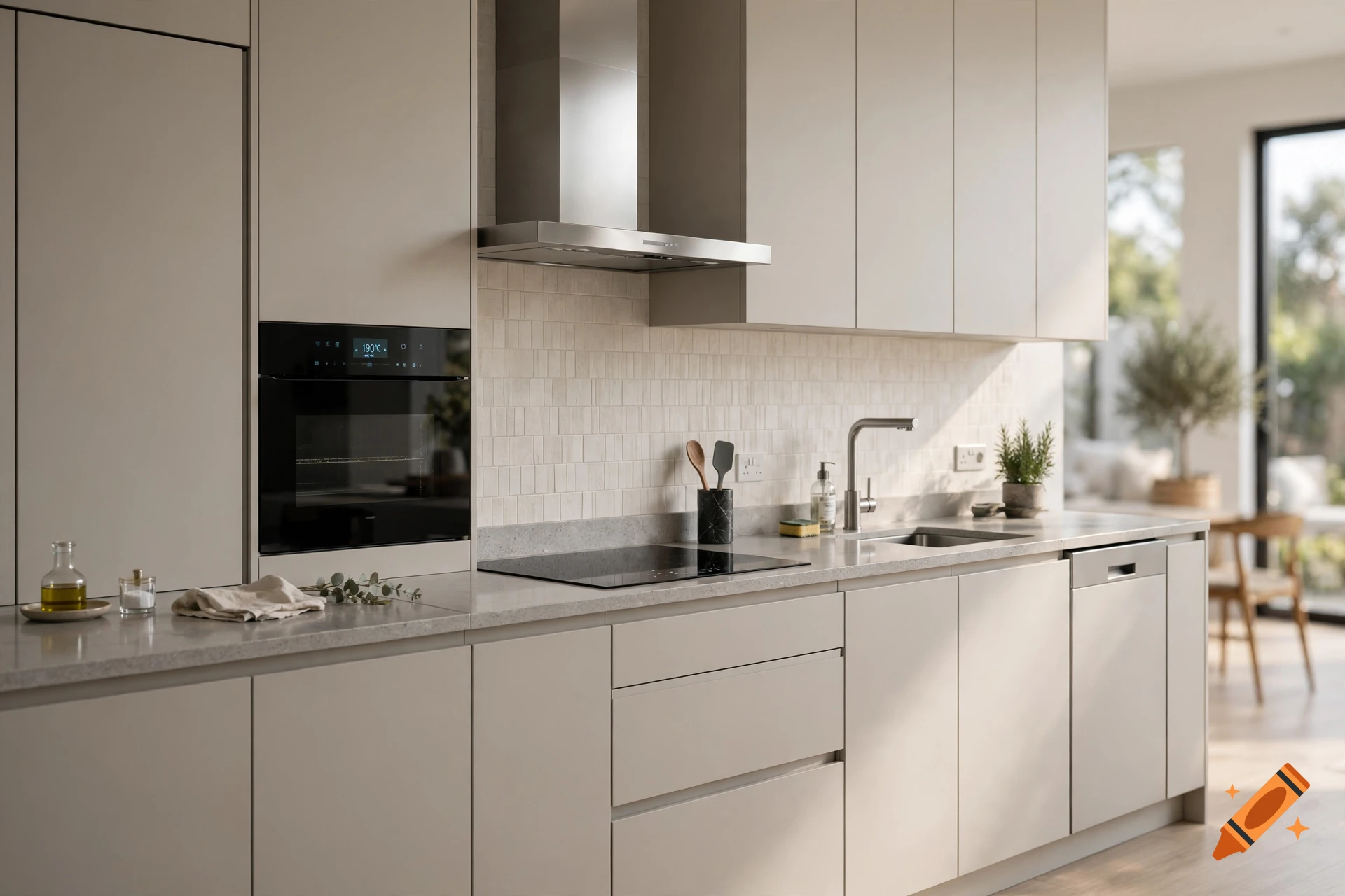 Modern minimalist kitchen with beige cabinetry, integrated appliances, and a marble countertop, photorealistic.