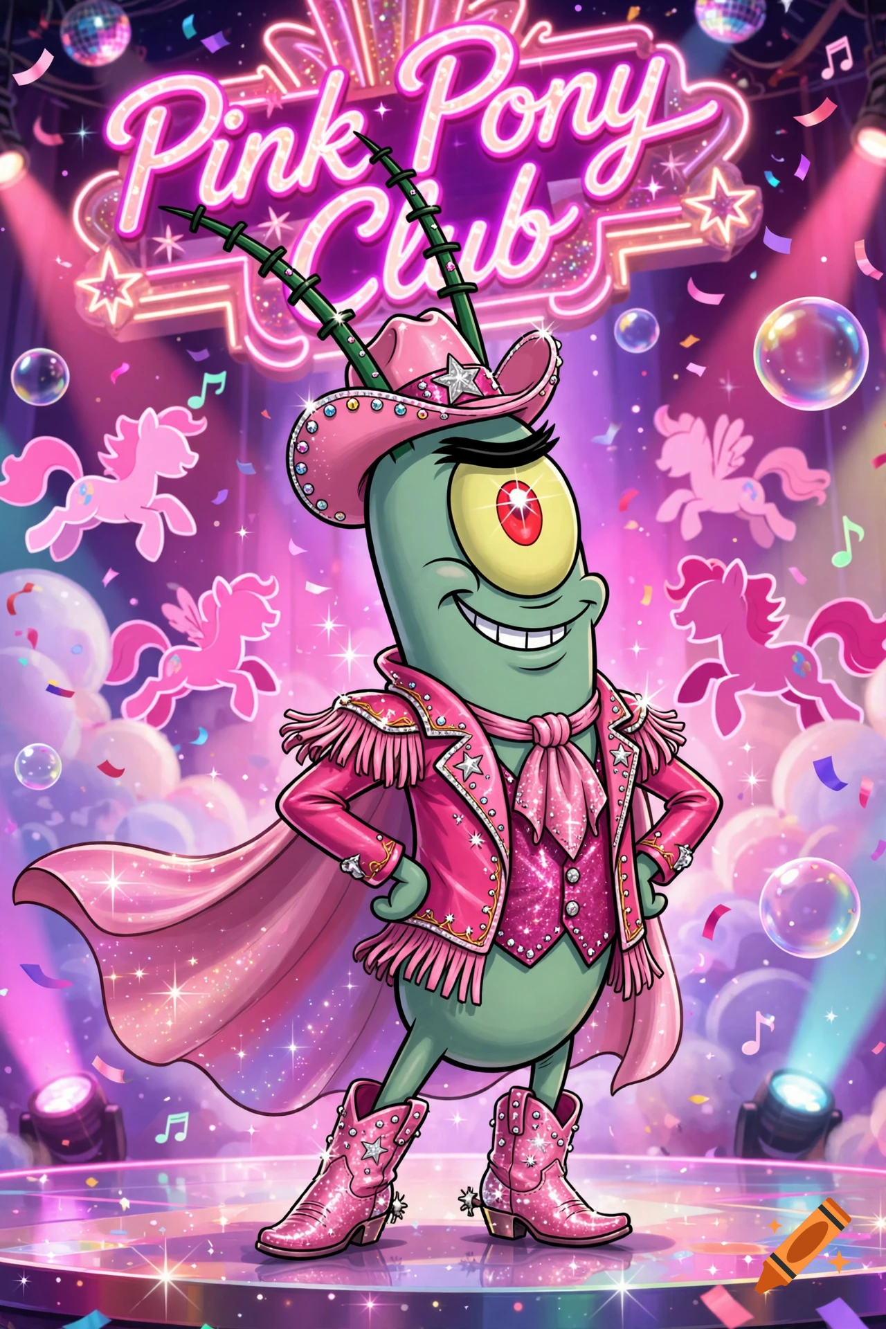 Plankton from SpongeBob dressed in a sparkly pink cowboy outfit and hat on a stage under a neon sign that reads Pink Pony Club.