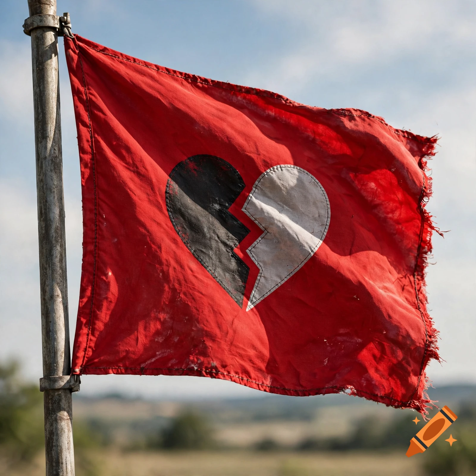 A tattered red flag with a black and white broken heart symbol attached to a pole outdoors.