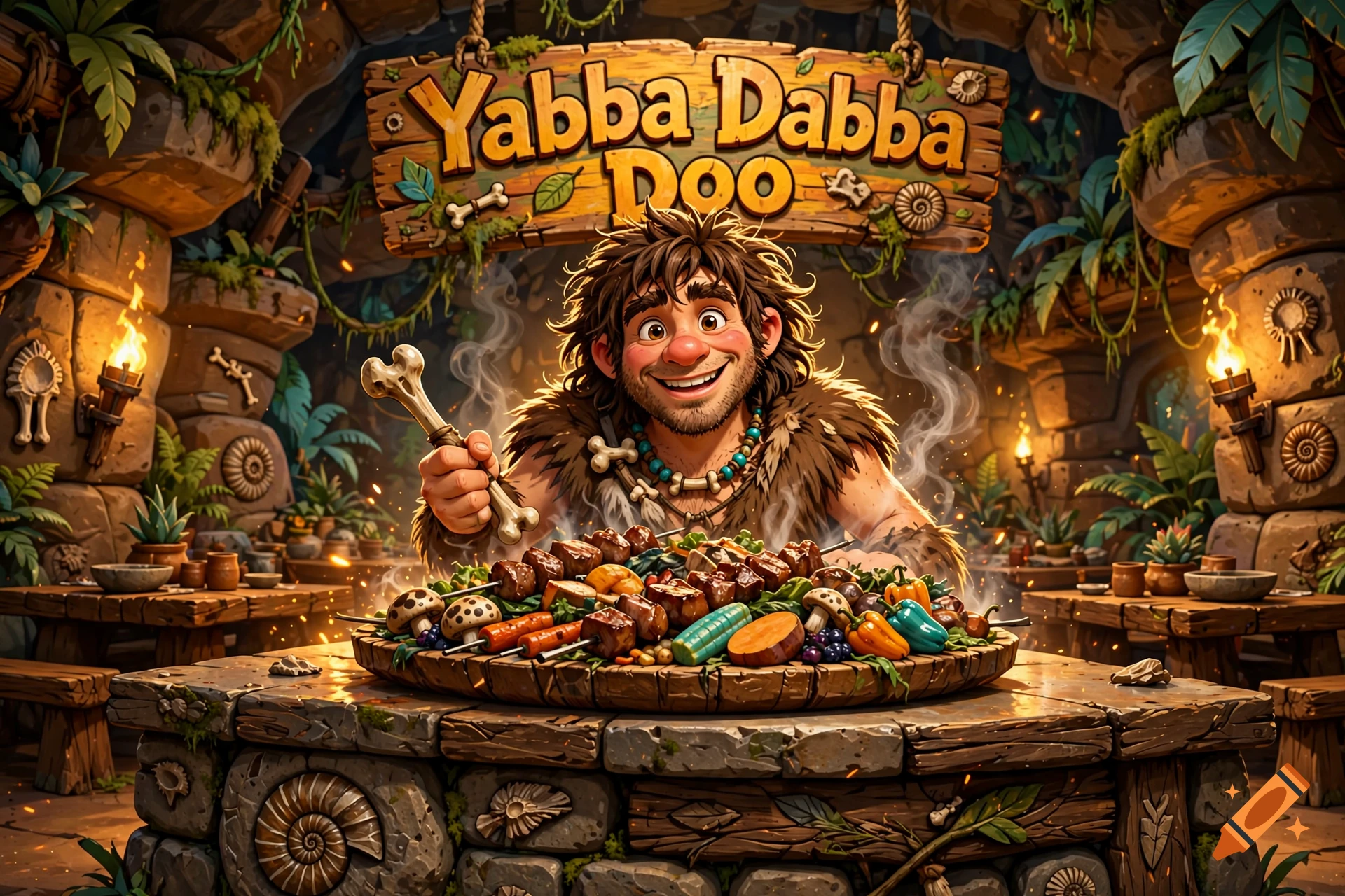 A cartoon caveman smiling and holding a bone in a restaurant setting with a large wooden sign reading Yabba Dabba Doo.