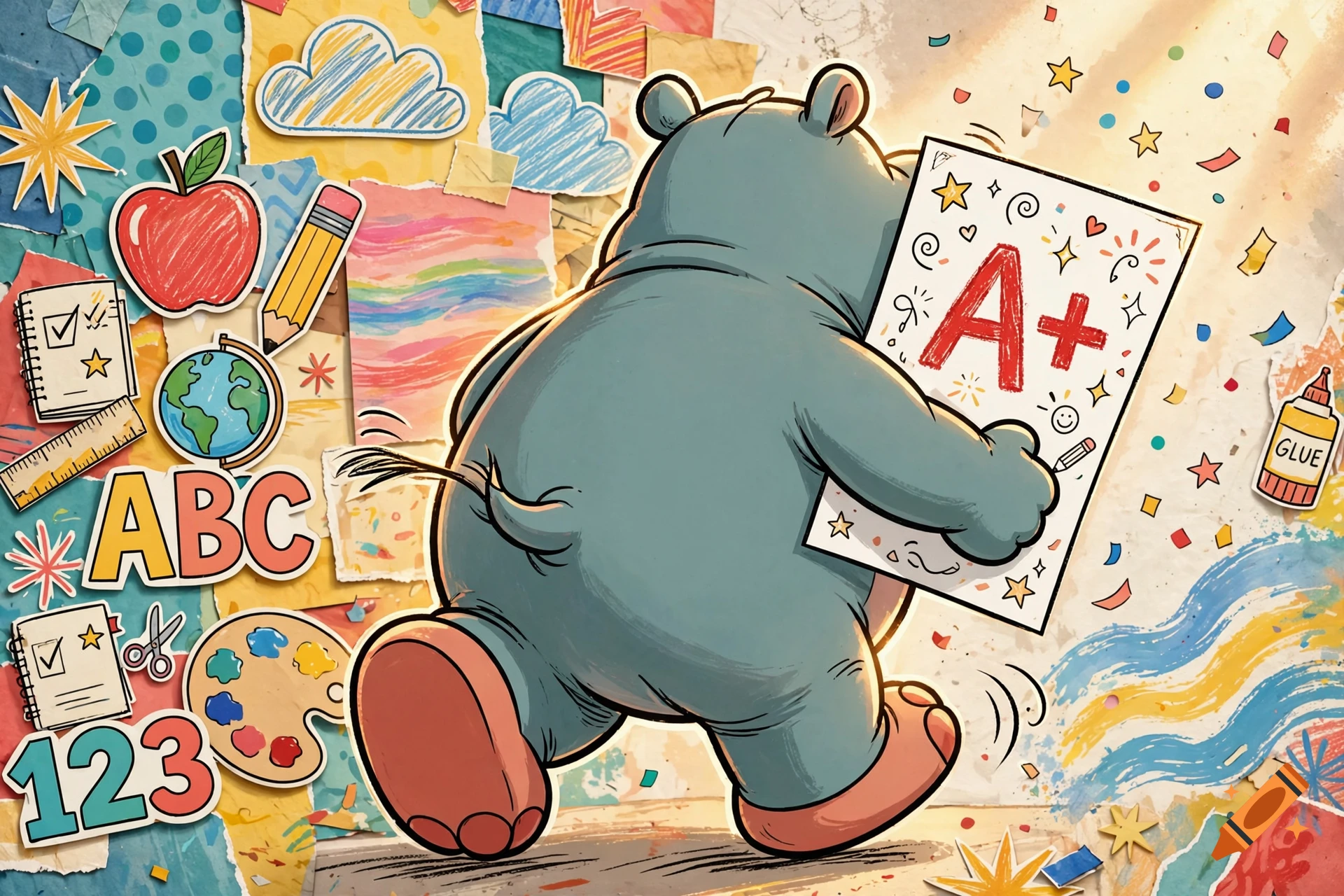 Cartoon illustration of a hippo walking away from a colorful collage holding a test paper with an A+ grade.