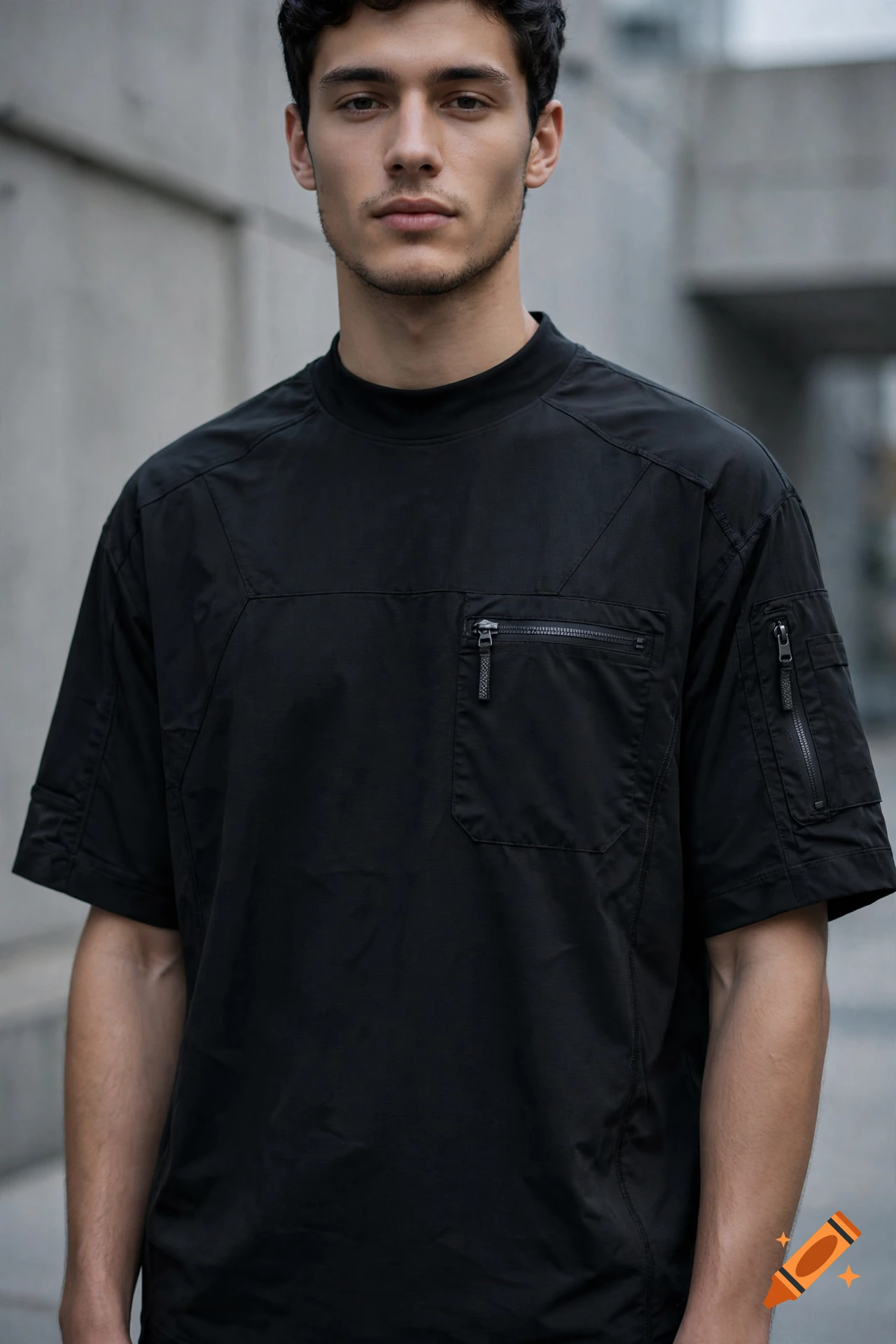 Photorealistic medium shot of a man wearing a black techwear t-shirt with utility pockets against a concrete background.