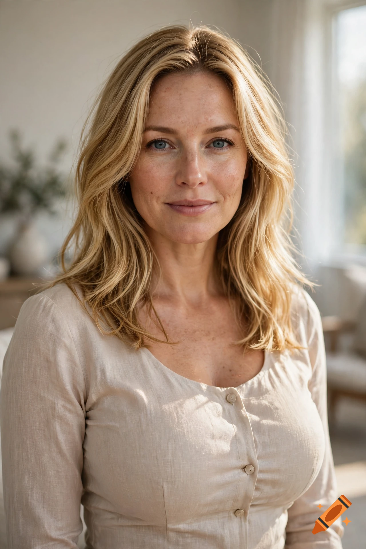 Photorealistic medium shot of a smiling blonde woman with wavy hair and a light beige button-down top.