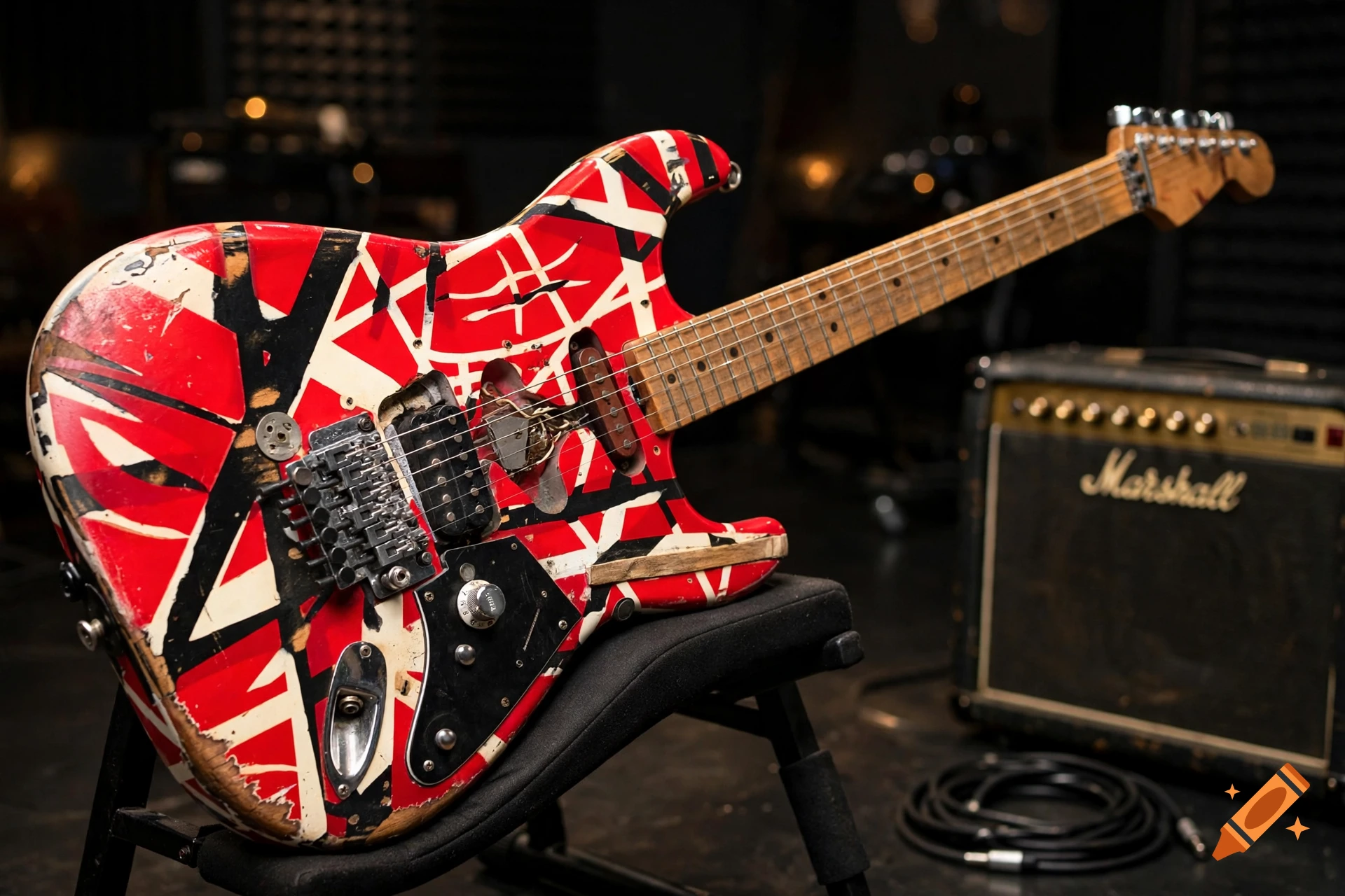 An electric guitar with a red, white, and black striped finish rests on a stand in a studio.