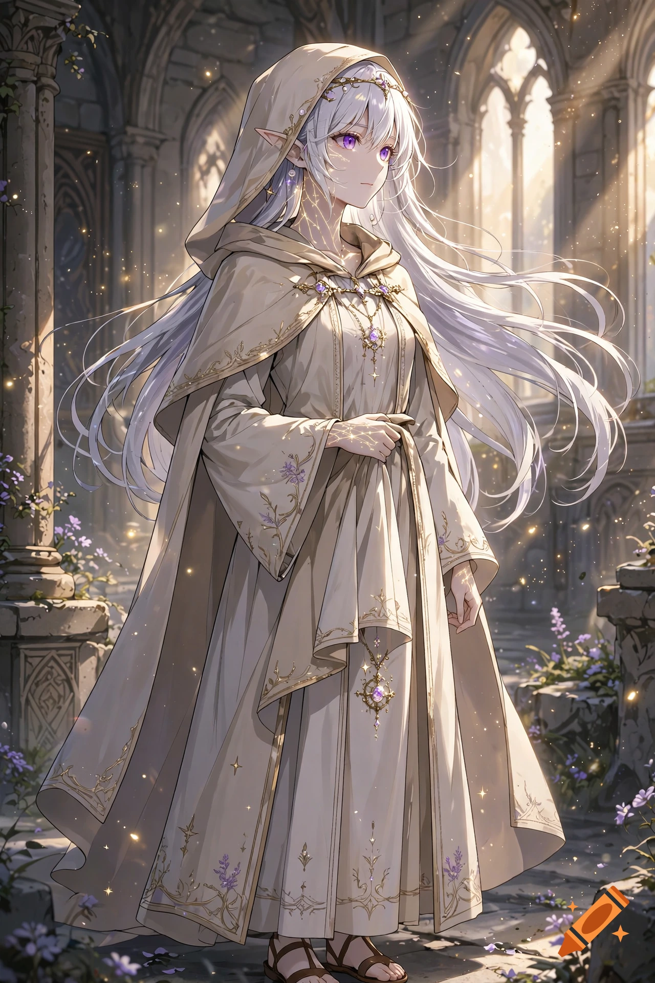 Anime illustration of a high elf woman with silver-white hair, violet eyes, and pale skin wearing a hooded priestess robe in a medieval hall.