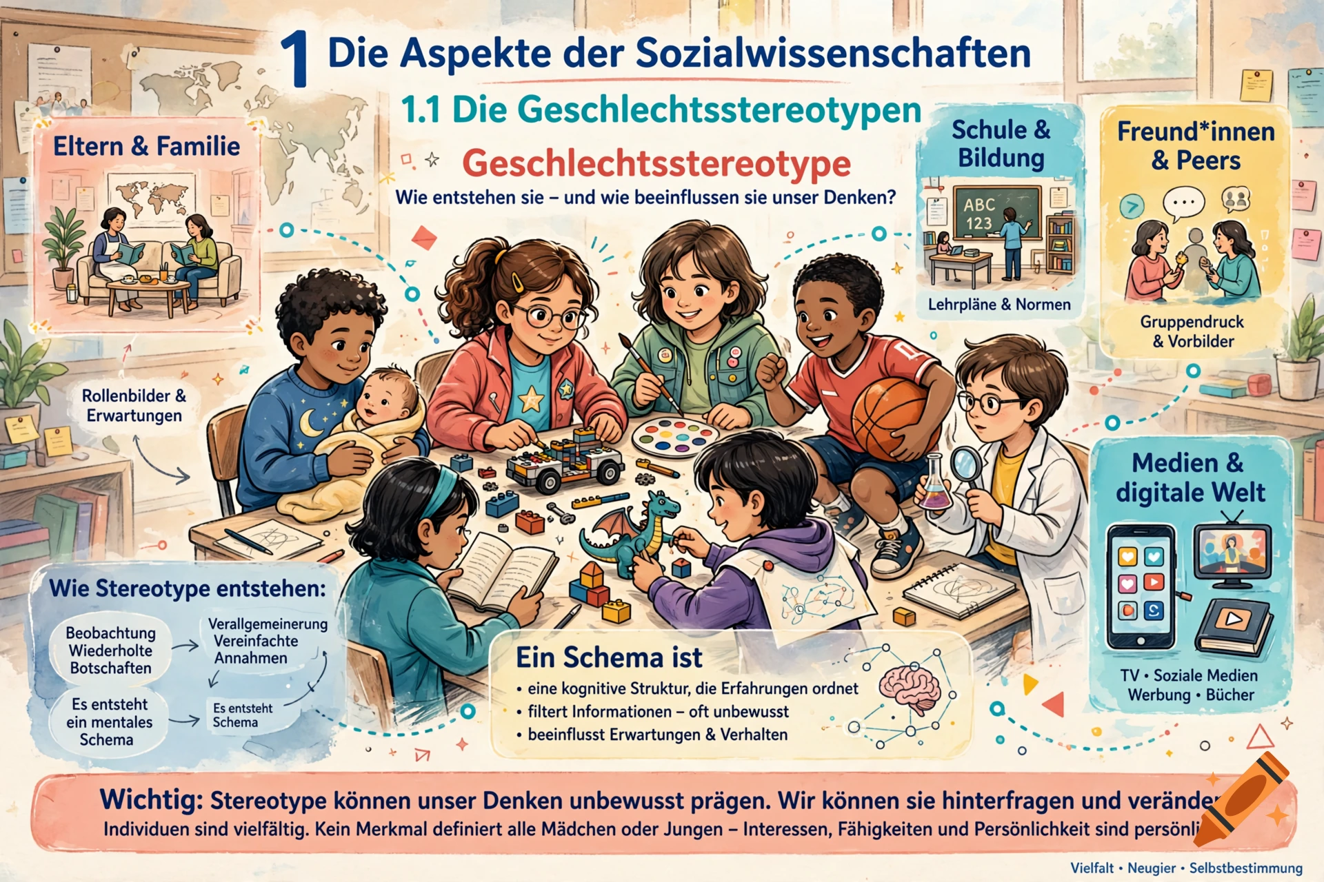 Educational illustration in German about social sciences and gender stereotypes with children playing and text boxes.