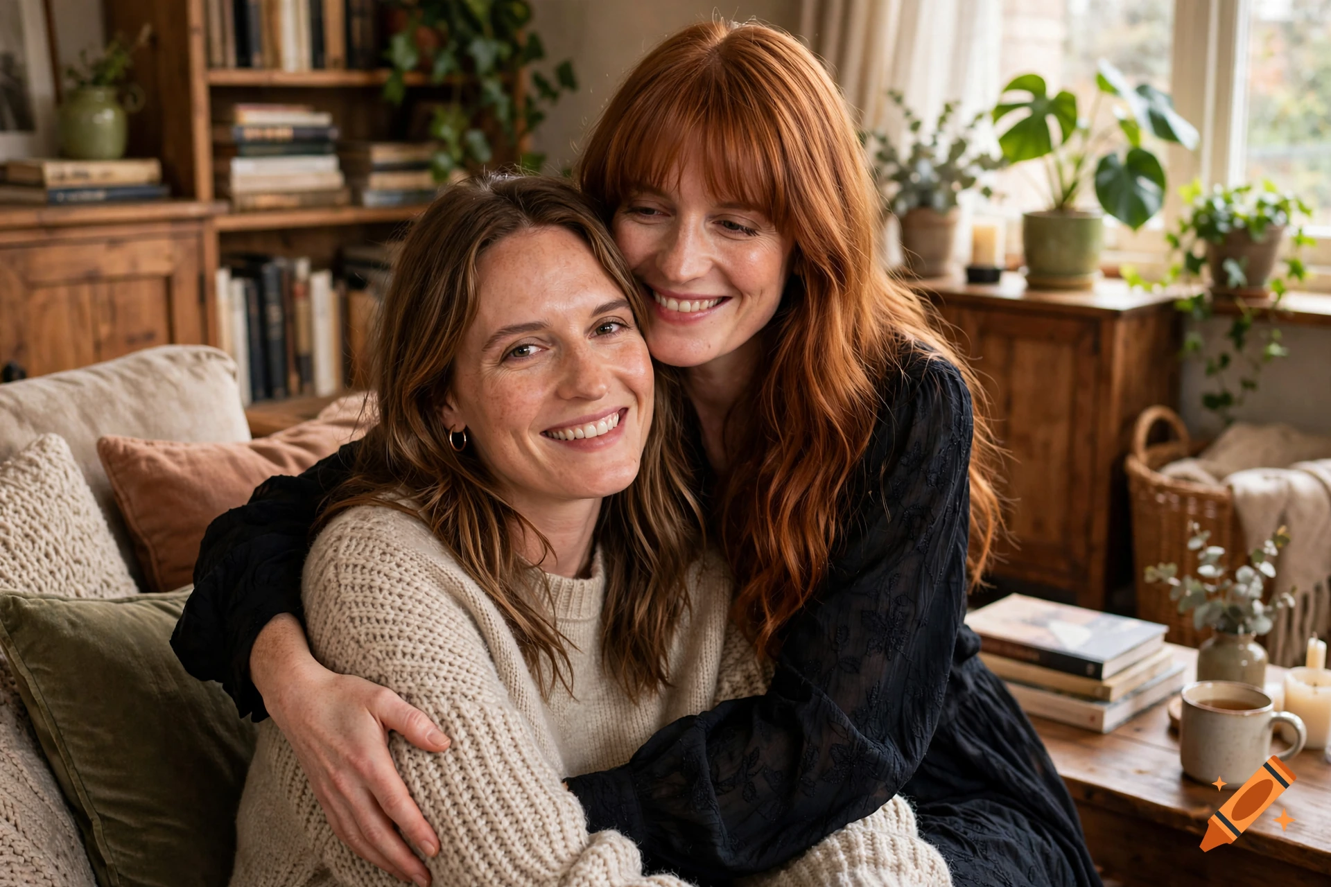 Photorealistic portrait of two smiling women embracing in a cozy, sunlit living room with bookshelves and plants.