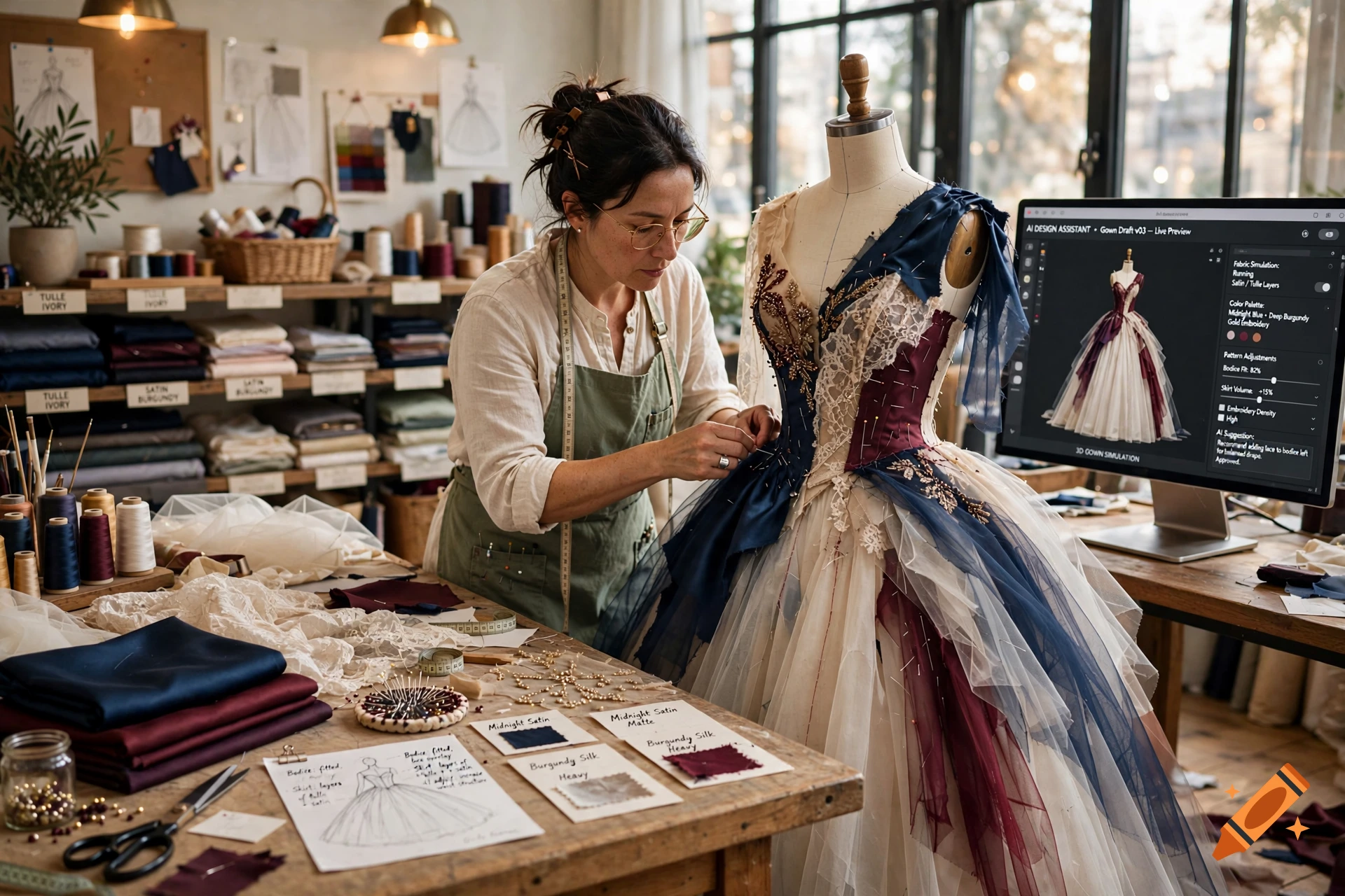 A female tailor in glasses working on an elaborate haute couture gown on a mannequin in a well-lit workshop with fabric swatches and sewing tools on a wooden table, photorealistic.