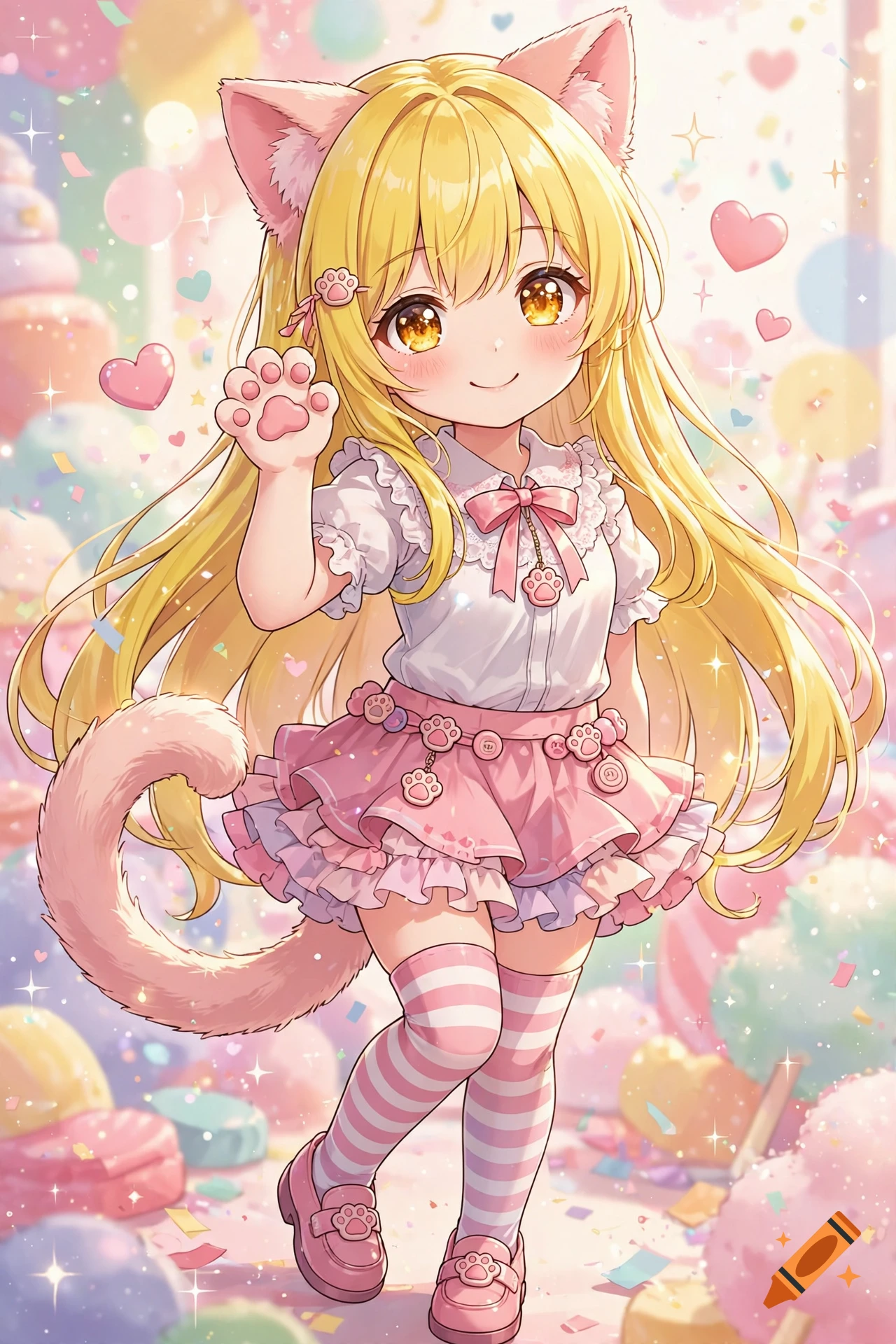 Anime illustration of a cute blonde girl with pink cat ears, tail, and paw-shaped accessories, standing amidst a pastel candy-themed background.
