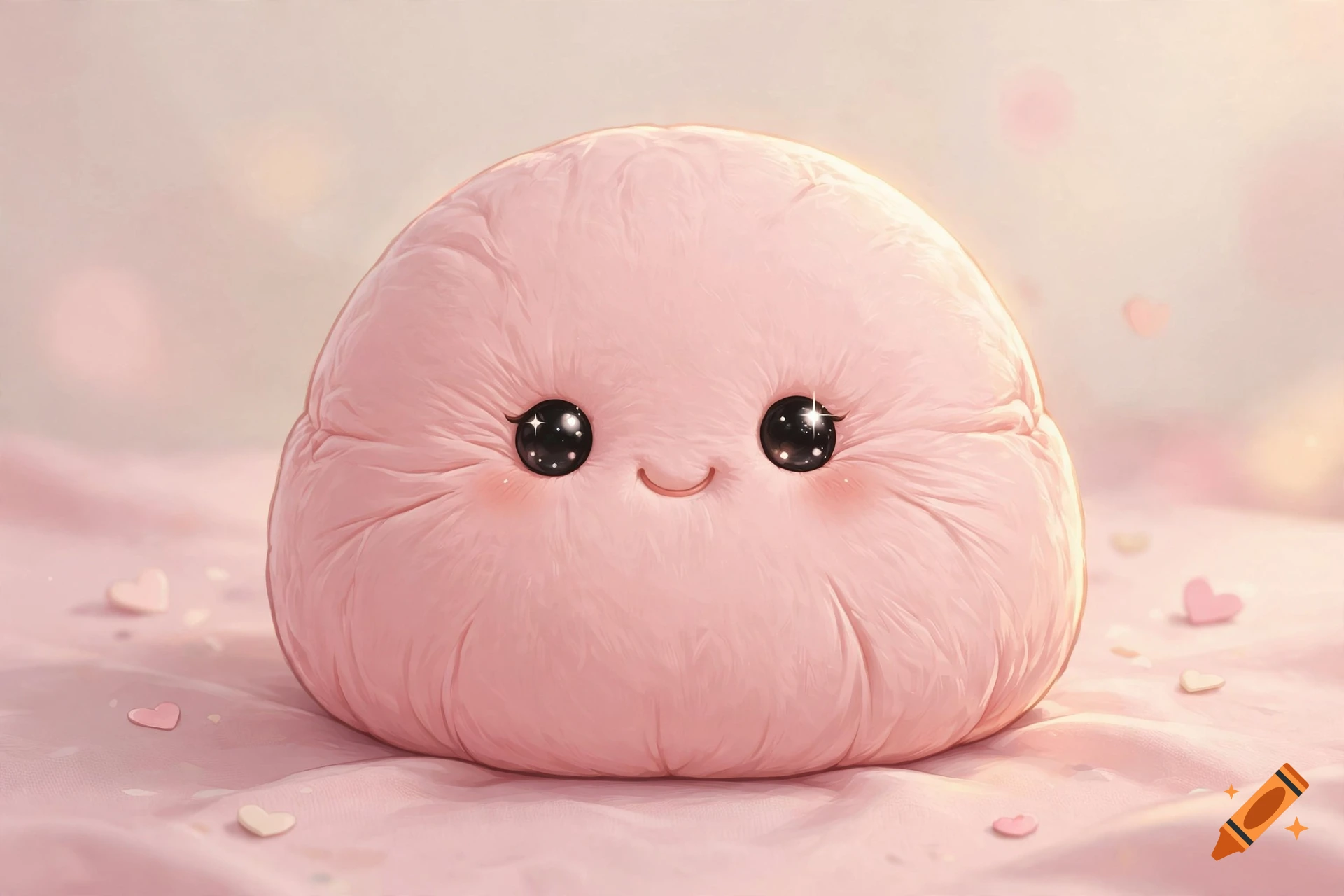 A cute, fluffy pink squishy toy with sparkling black eyes and a smiling mouth, resting on a soft pink surface with small hearts.