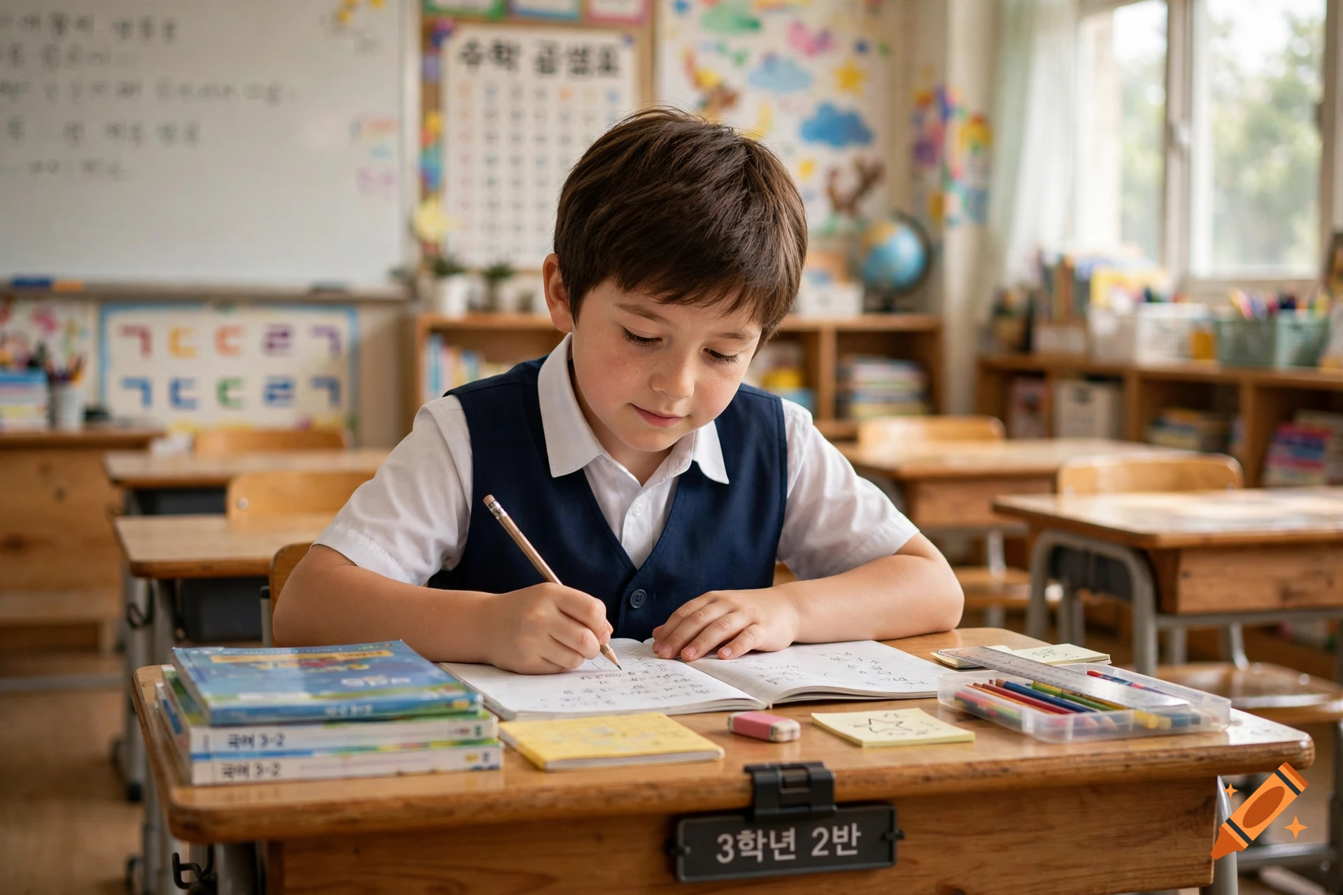 A young boy in a school uniform sitting at a wooden desk in a classroom, writing in a notebook.
