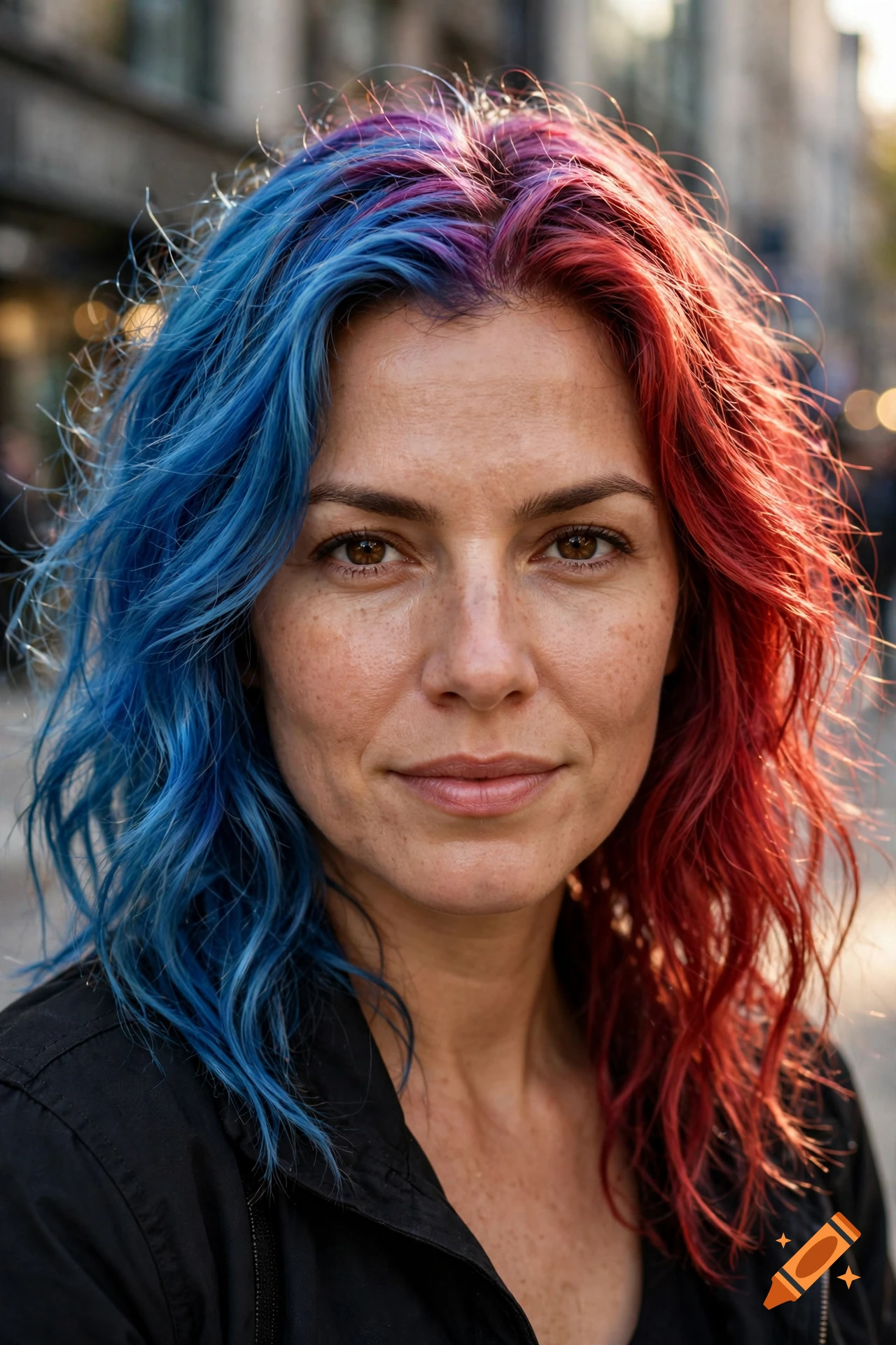 Close-up portrait of a woman with vibrant split-dyed blue and red hair outdoors.