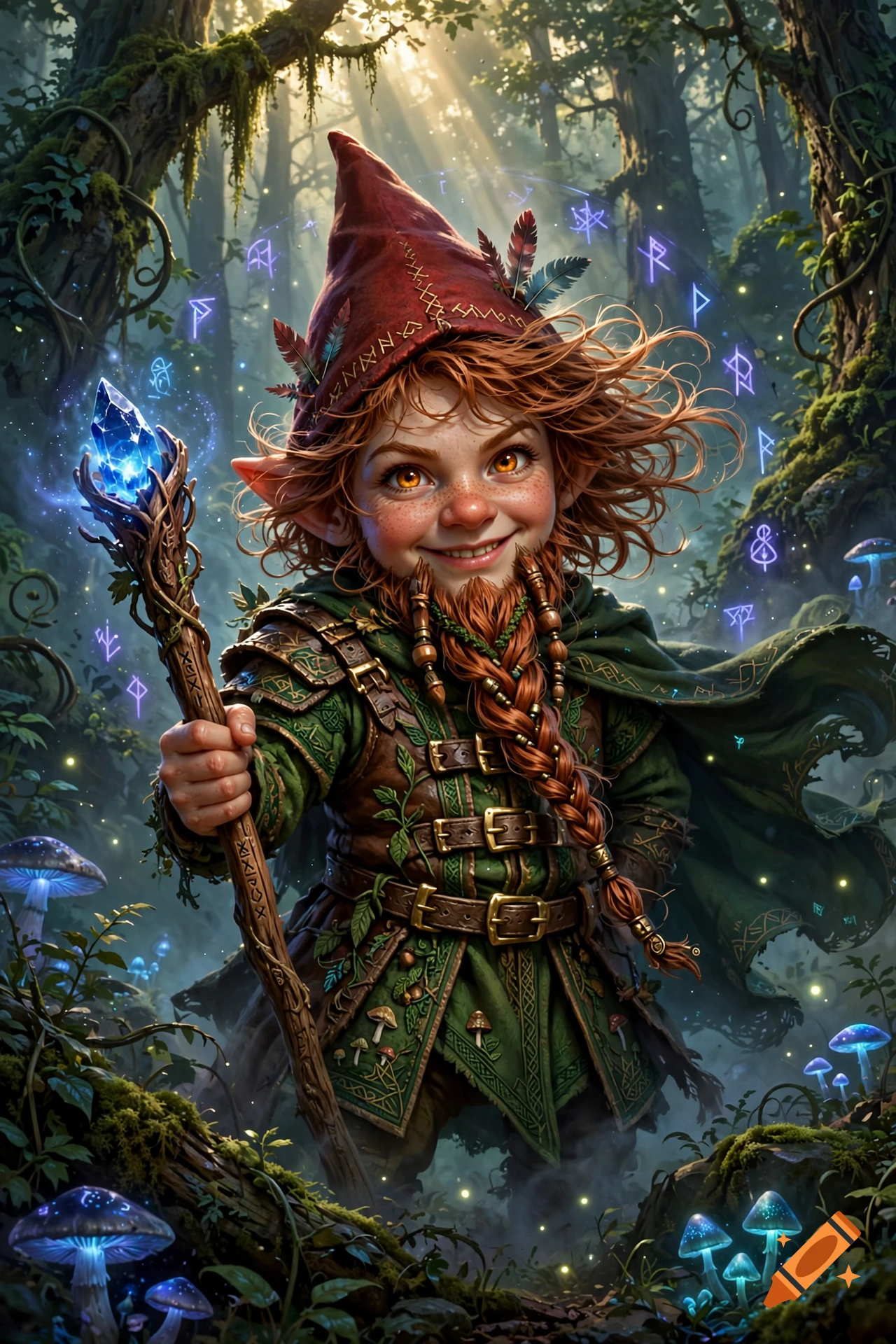 Digital painting of a smiling fantasy gnome girl with reddish-brown hair, wearing a red hat and green leather armor, holding a glowing staff in a magical forest.