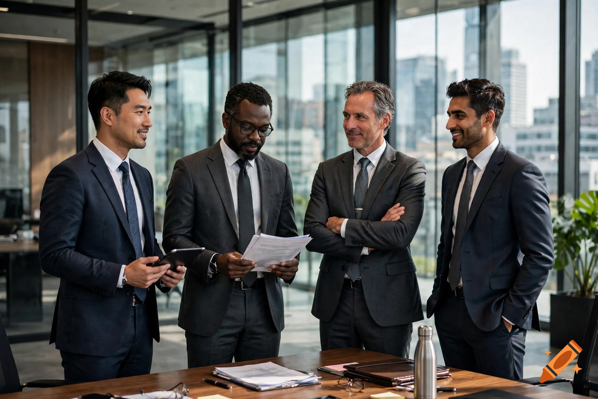 Four diverse businessmen in suits standing and conversing in a modern office with large windows overlooking a city.
