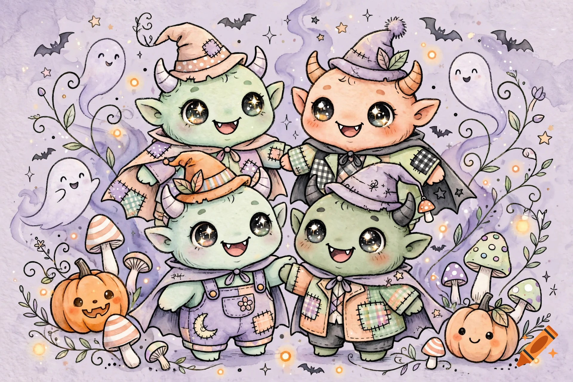 Watercolor illustration of four cute, horned ogres in witch hats surrounded by pumpkins and ghosts.