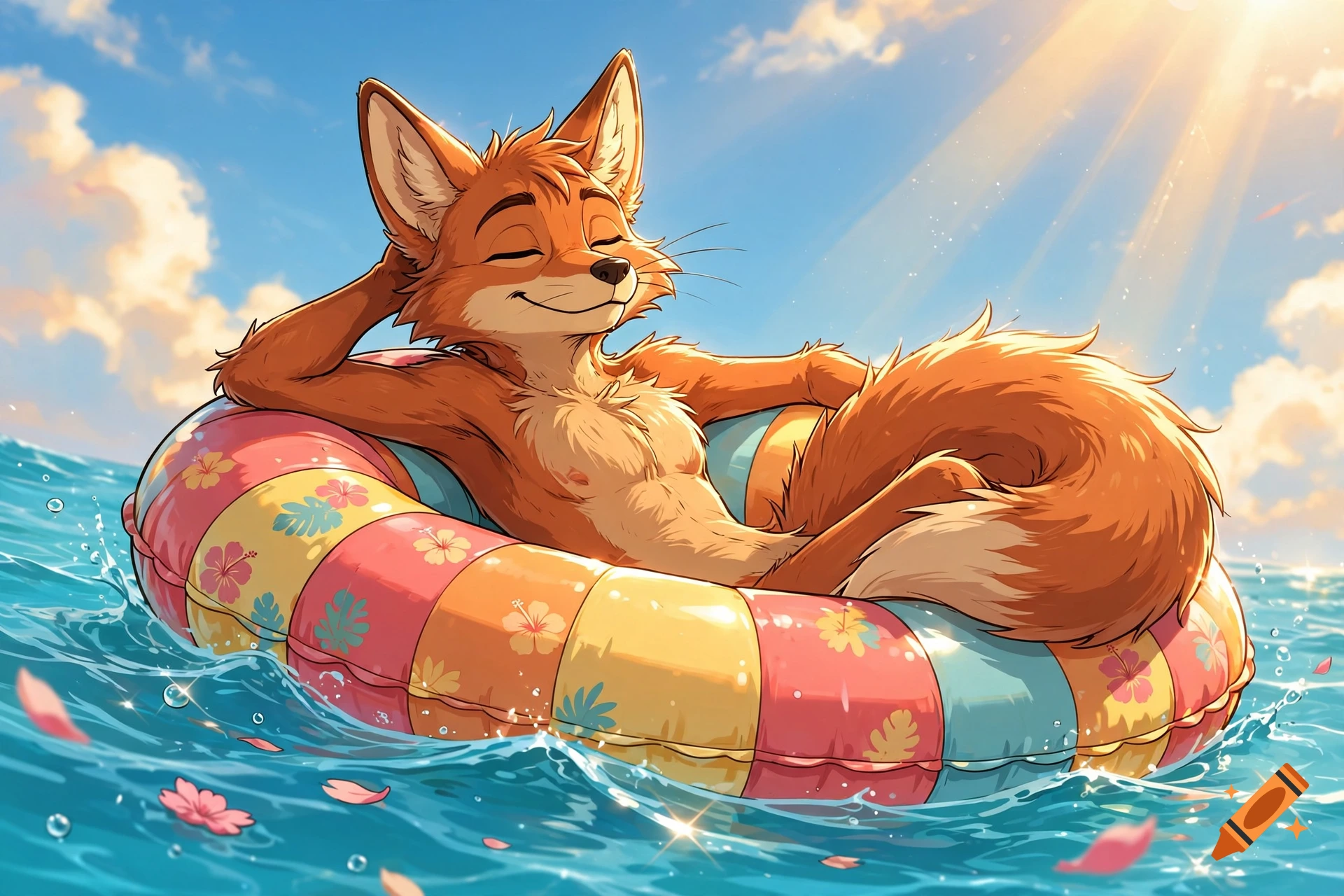 An anthropomorphic fox relaxing on a colorful floatie in the ocean under bright sunlight, anime style illustration.