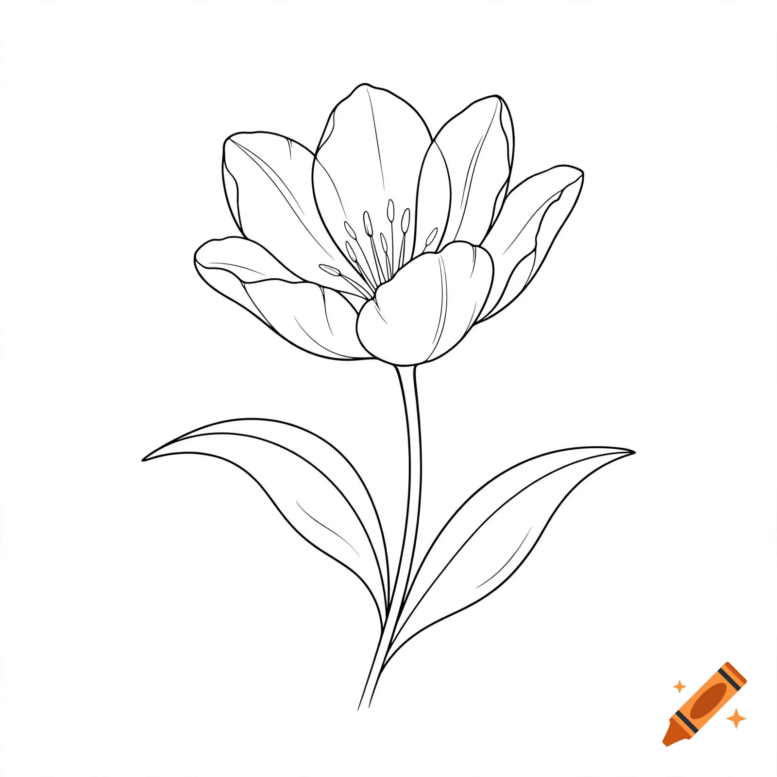 Minimalist black and white line art of a single tulip flower with stem and two leaves on a white background.
