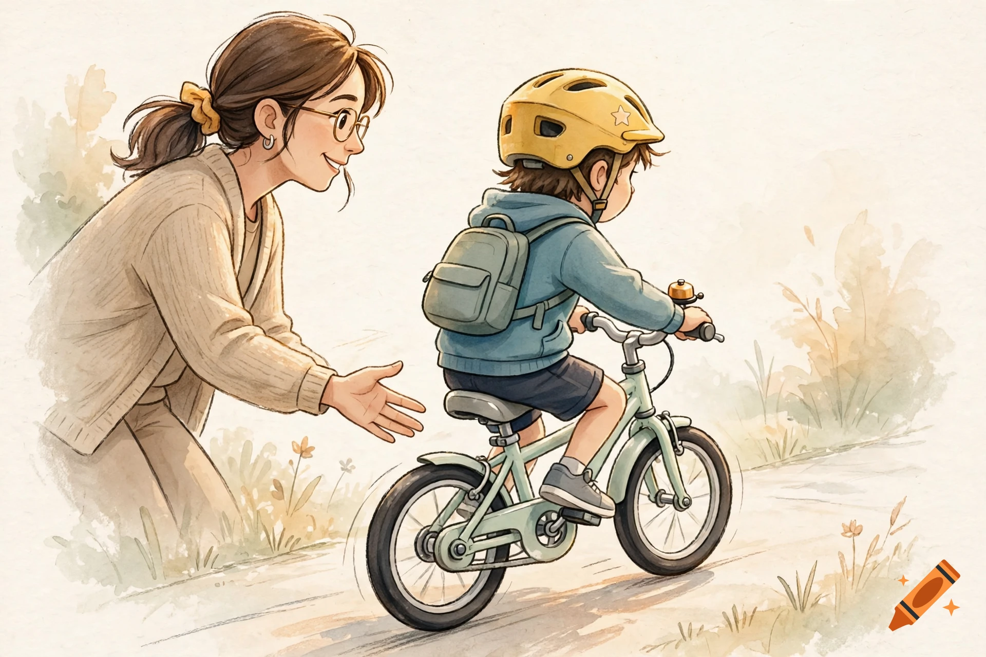 Digital watercolor illustration of a woman watching a child in a yellow helmet learning to ride a bicycle.