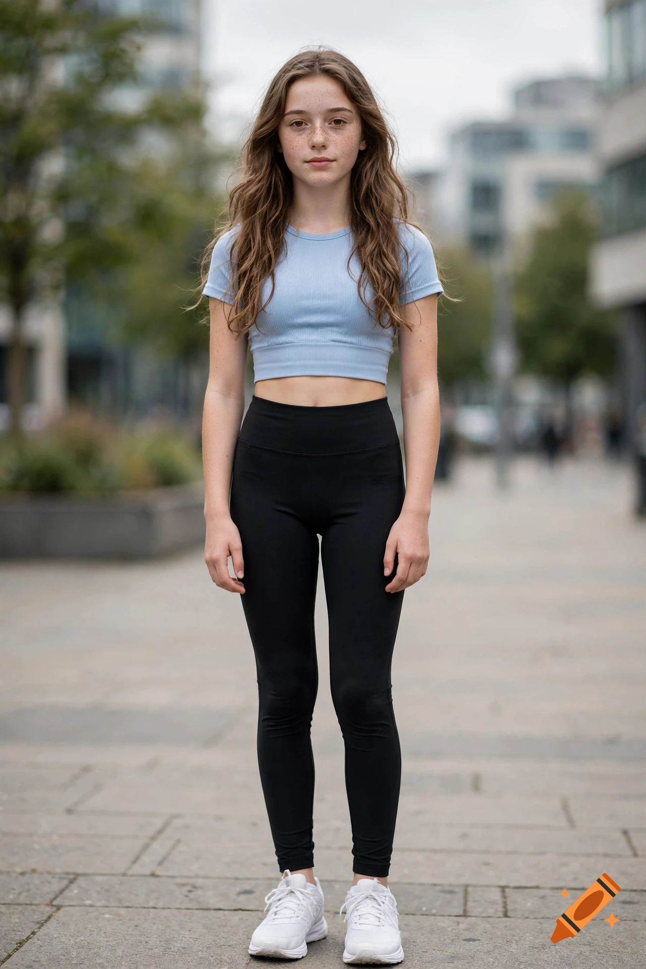 Photorealistic full-length portrait of a teenage girl standing outdoors wearing a blue crop top and black leggings.