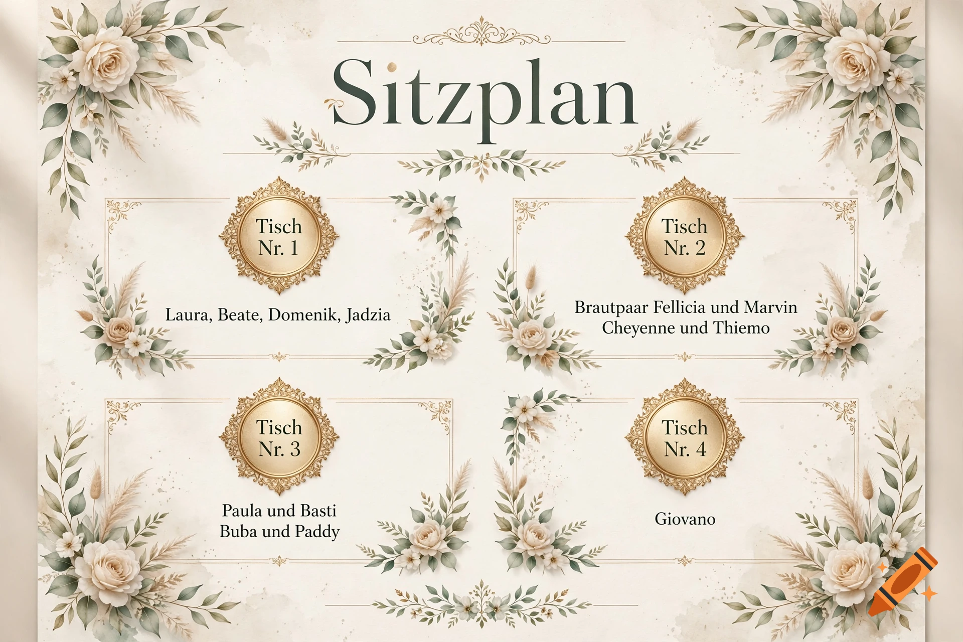 Watercolor seating plan with floral decorations, gold frames, and names for a wedding.