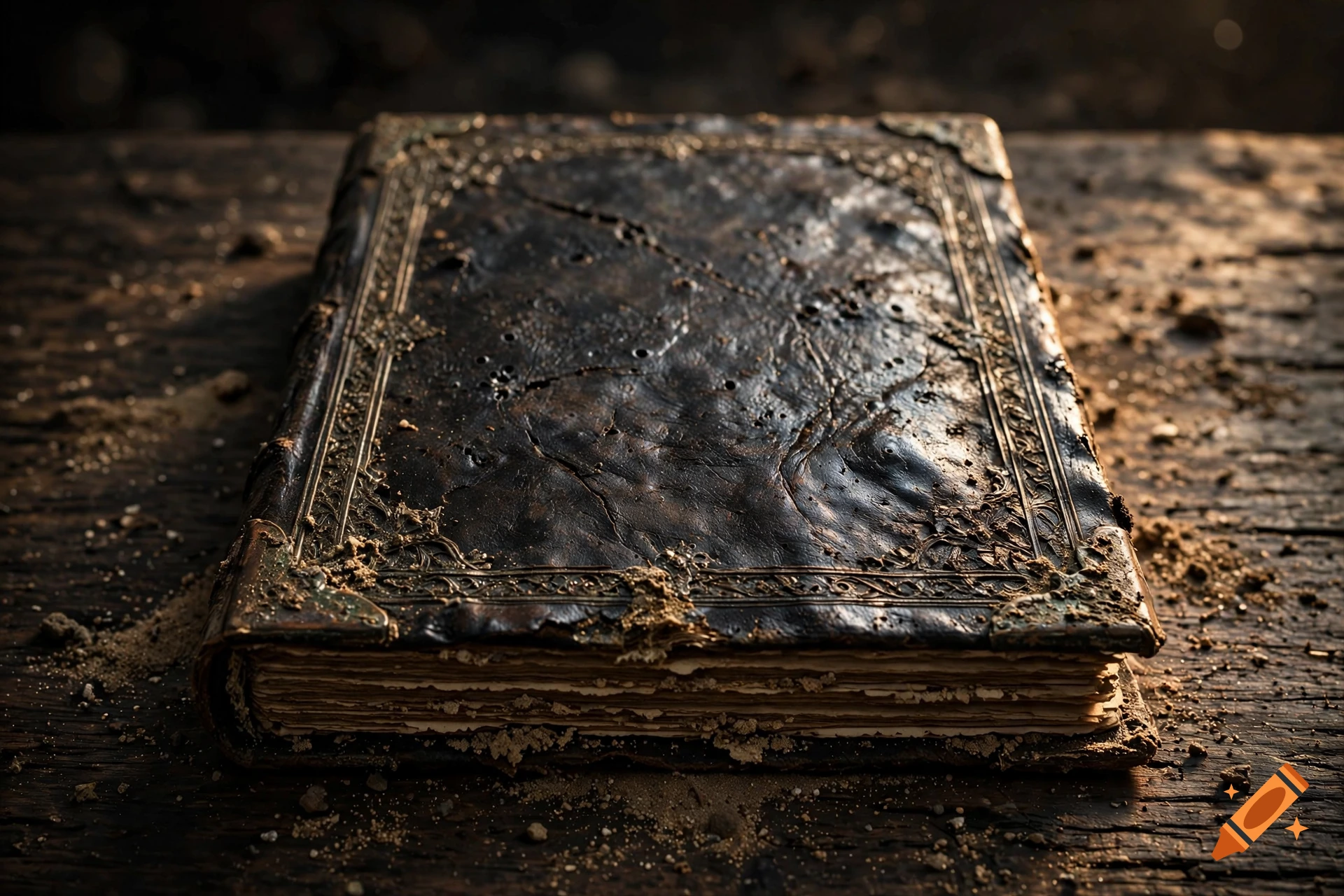 Cinematic macro shot of an ancient leather-bound book on a dark wooden table.
