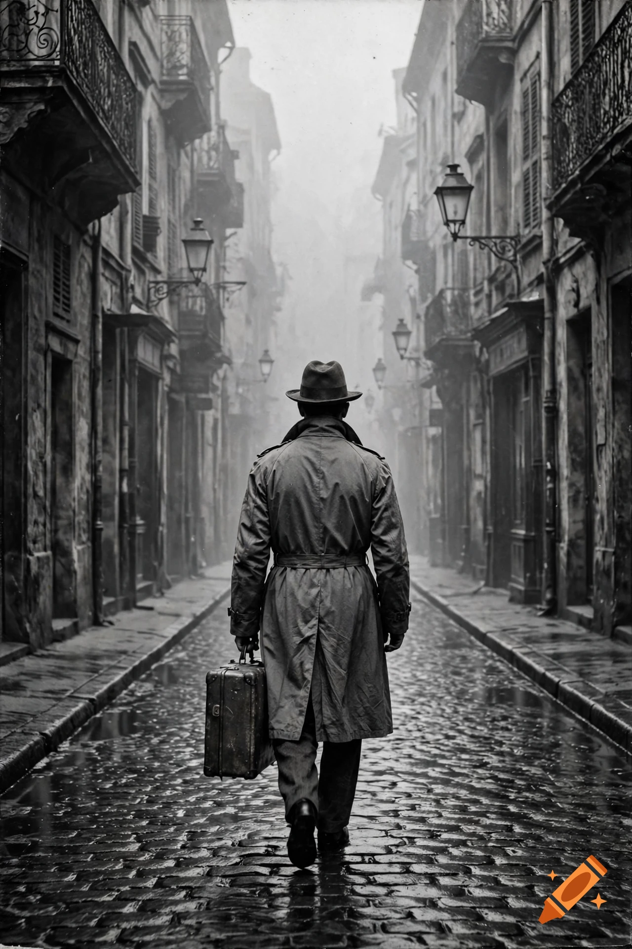 Black and white photo from behind of a man in a trench coat and hat walking down a wet, cobblestone European street carrying a vintage suitcase.