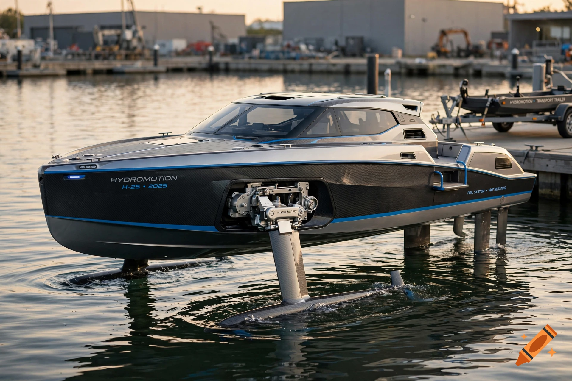 Photorealistic image of a modern hydrofoil boat with L-shaped foils parked at a marina dock.