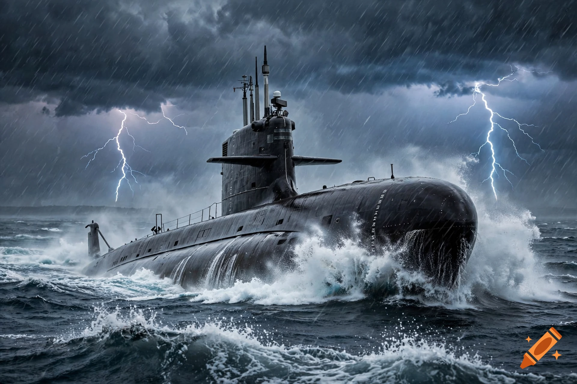 Photorealistic image of a submarine emerging from turbulent, stormy ocean water with lightning flashing in the dark, cloudy sky.